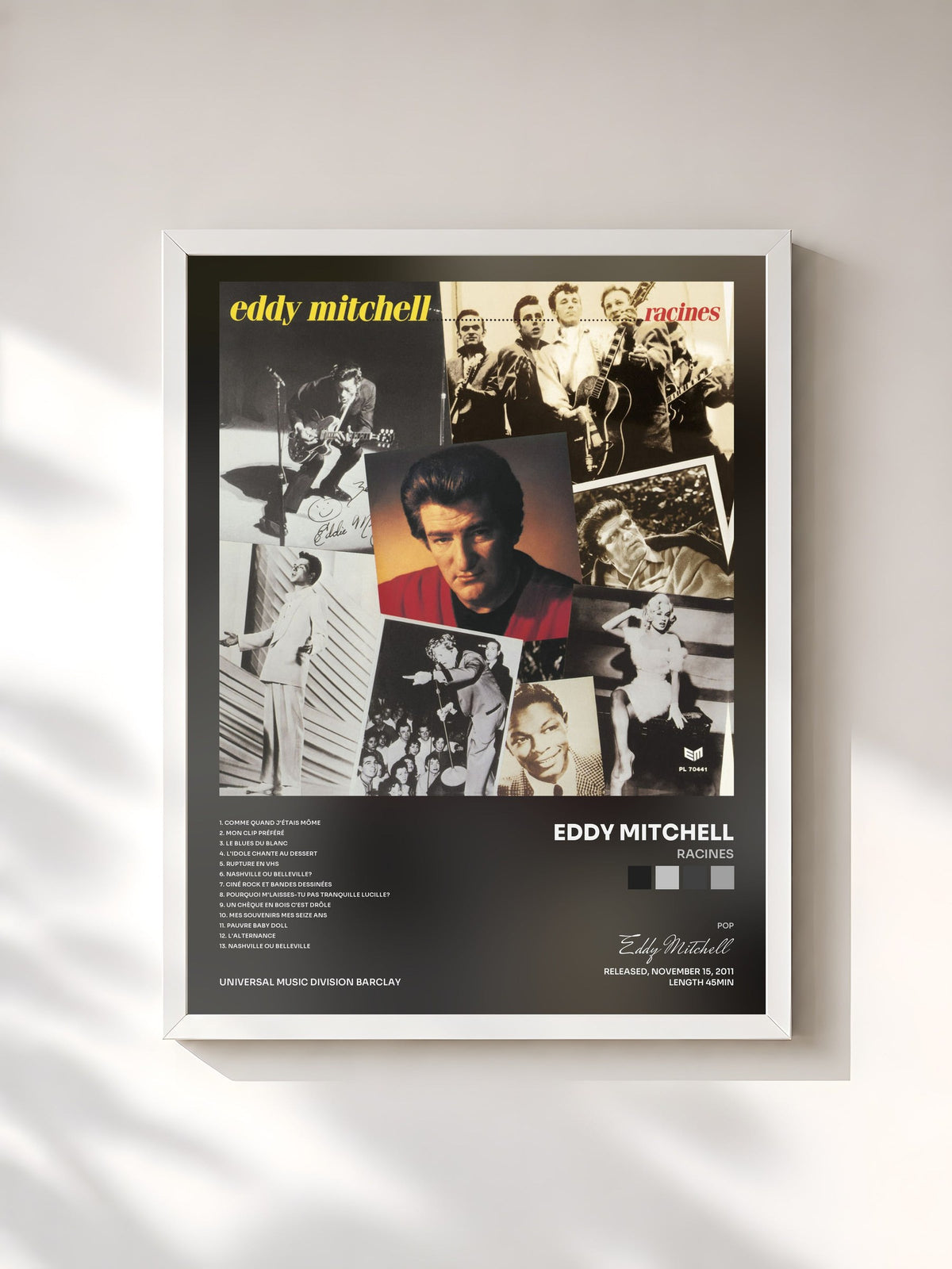 #blanc Tableau de l'album Racines de Eddy Mitchell, cadre blanc, imprimé et encadré en France