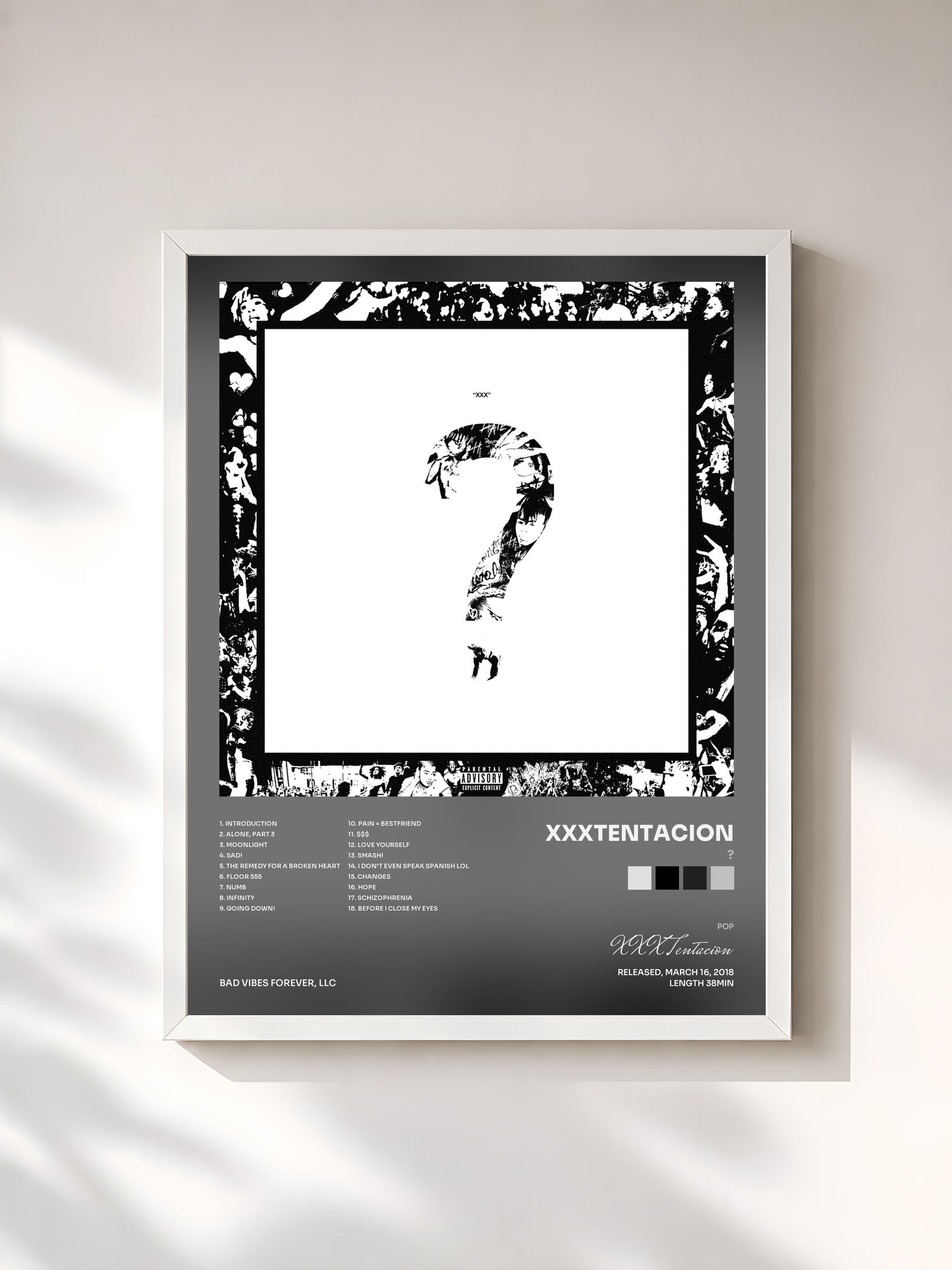 #blanc Tableau de l'album ? de XXXTentacion, cadre blanc, imprimé et encadré en France