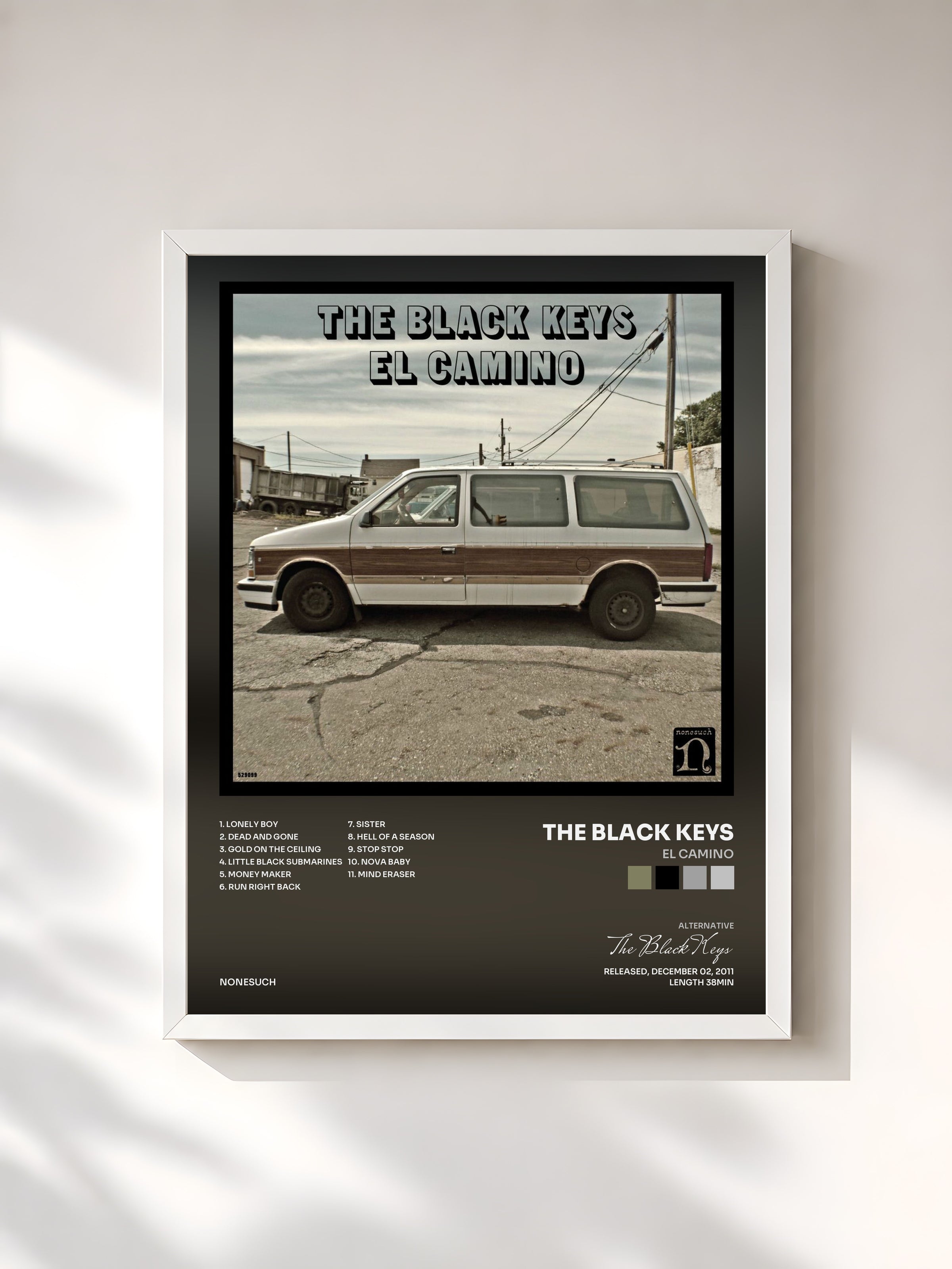 #blanc Tableau de l'album El Camino de The Black Keys, cadre blanc, imprimé et encadré en France