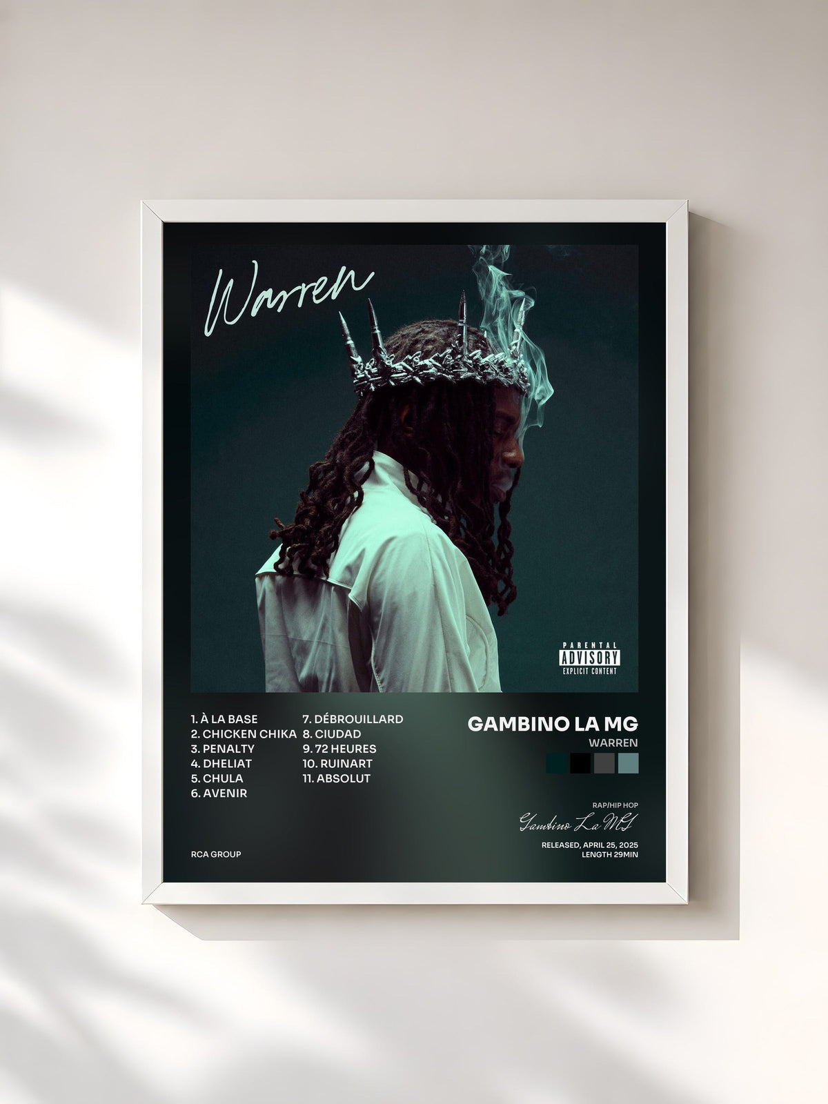 #blanc Tableau de l'album WARREN de Gambino La MG, cadre blanc, imprimé et encadré en France