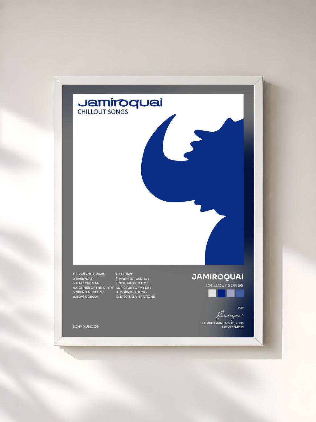 #blanc Chillout Songs von Jamiroquai als gerahmter Kunstdruck, weißer Rahmen, gedruckt und gerahmt in Frankreich