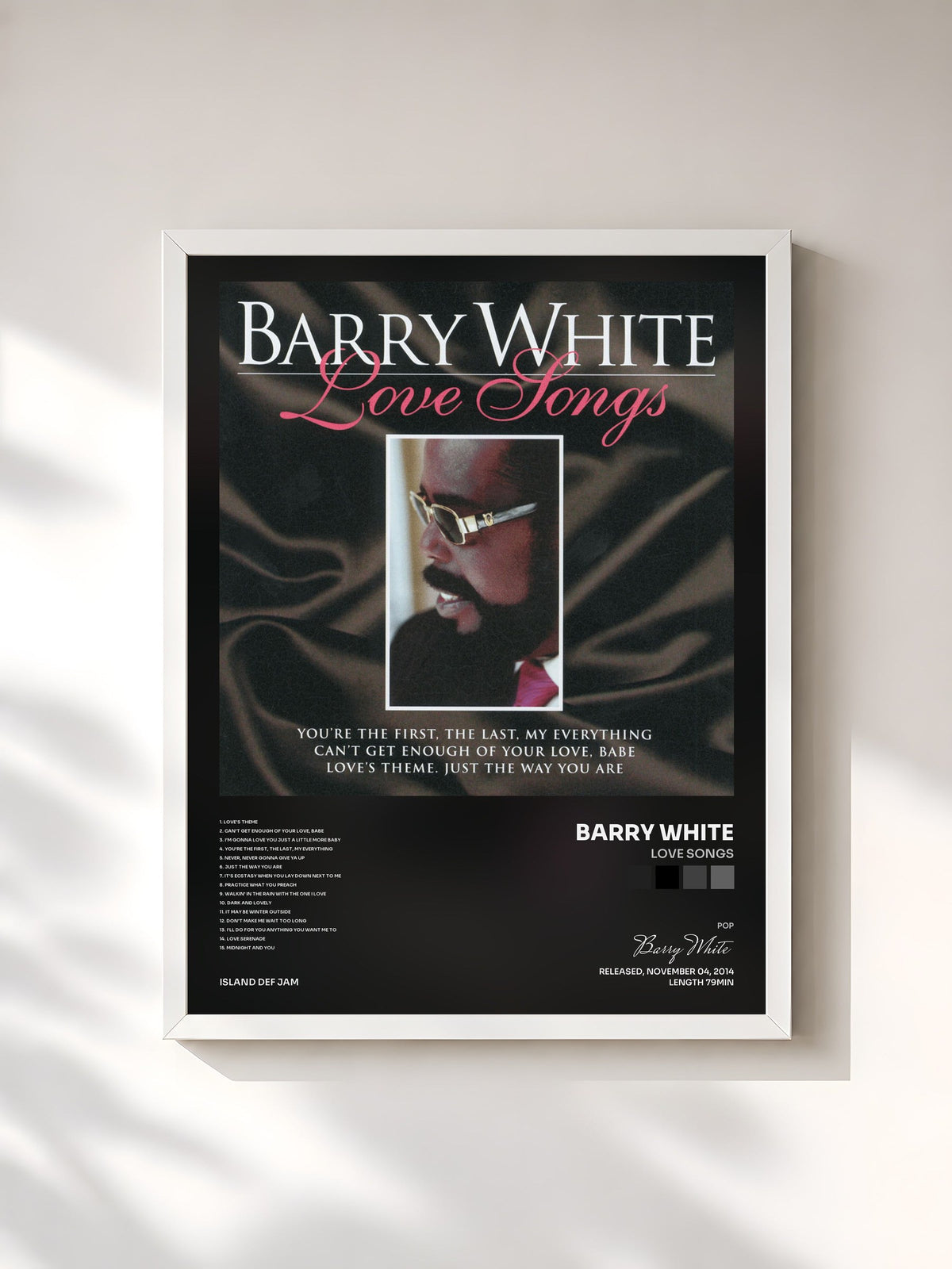 #blanc Love Songs de Barry White en lámina enmarcada, marco blanco, impresa y enmarcada en Francia