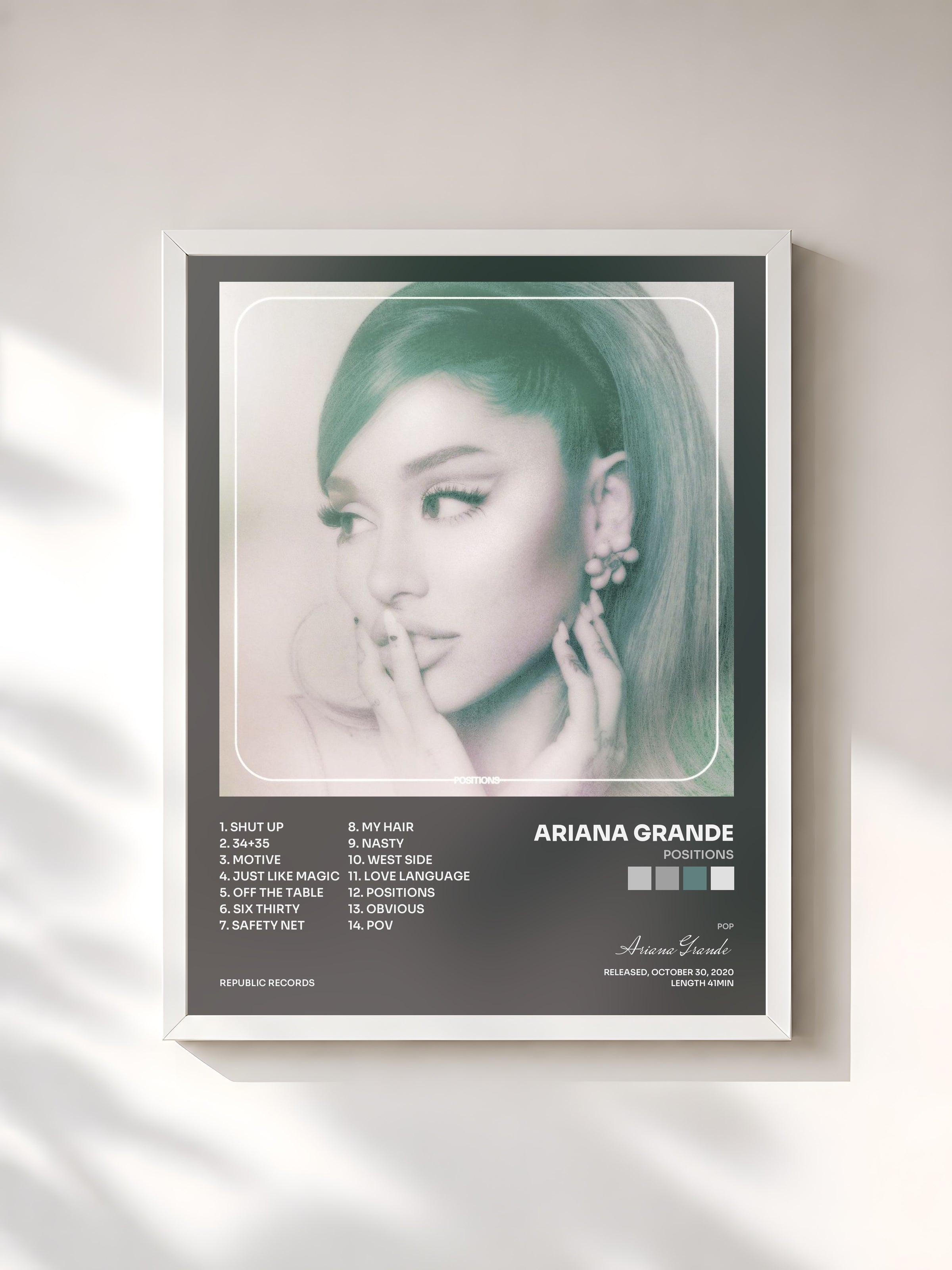 #blanc Positions by Ariana Grande as a framed art print, white frame, printed and framed in France