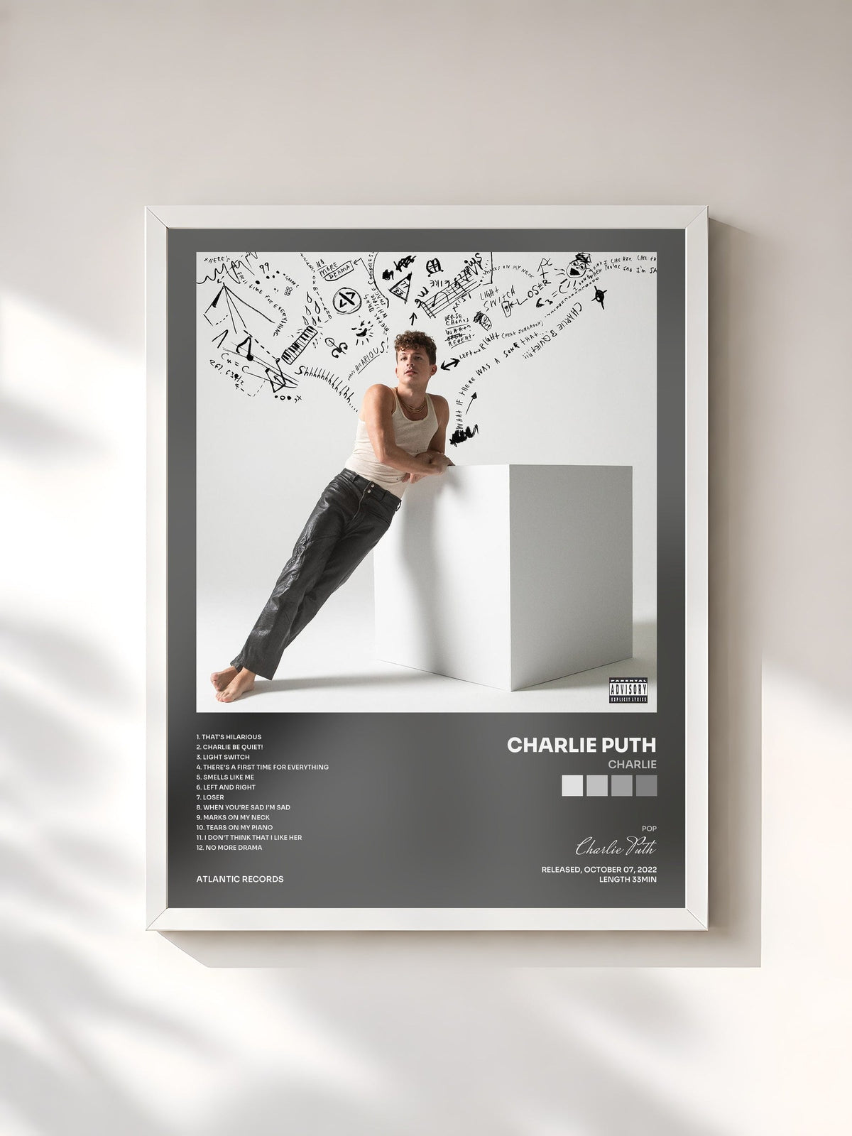 #blanc Tableau de l'album CHARLIE de Charlie Puth, cadre blanc, imprimé et encadré en France