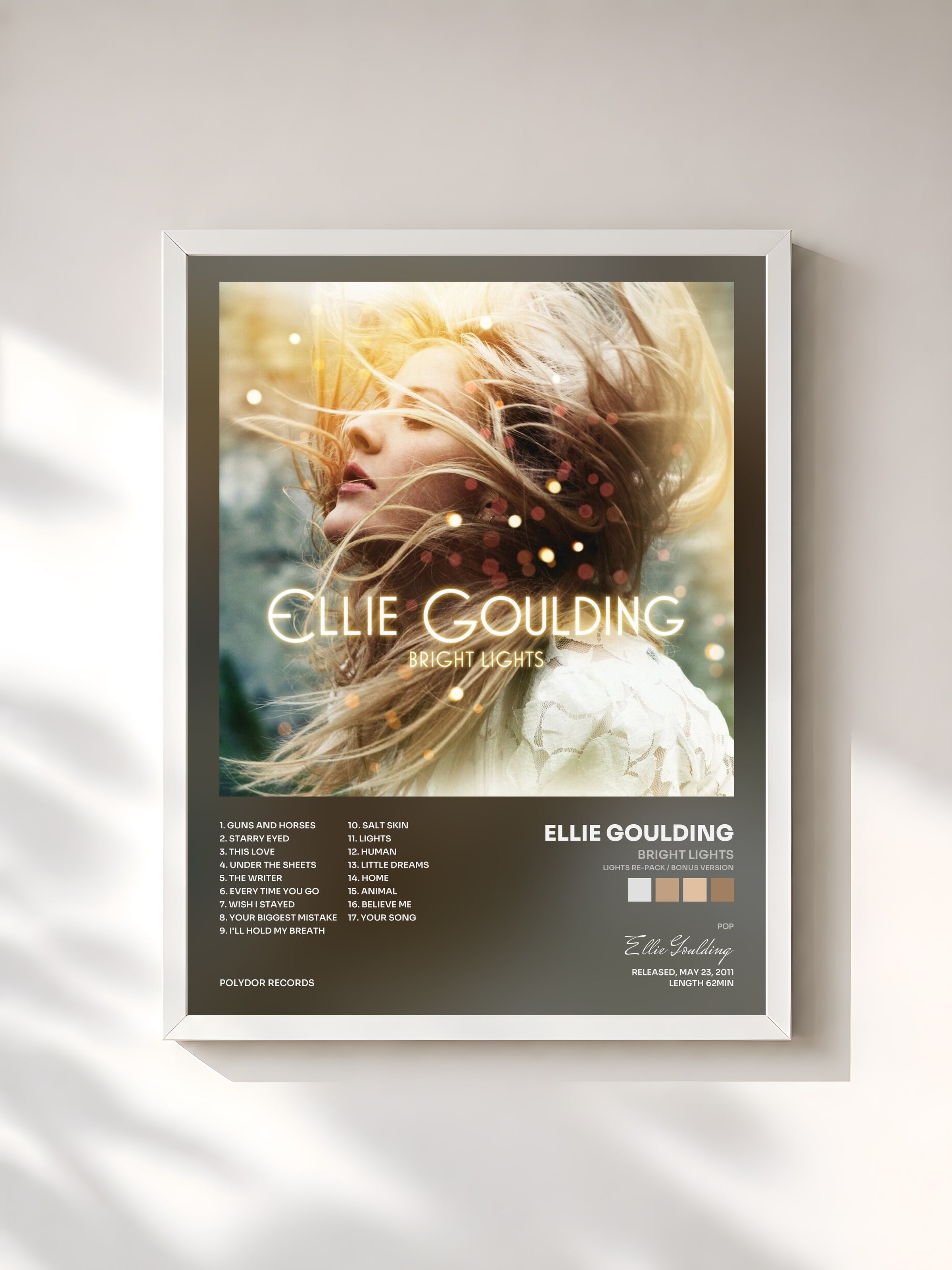 #blanc Tableau de l'album Bright Lights (Lights Re-pack / Bonus Version) de Ellie Goulding, cadre blanc, imprimé et encadré en France