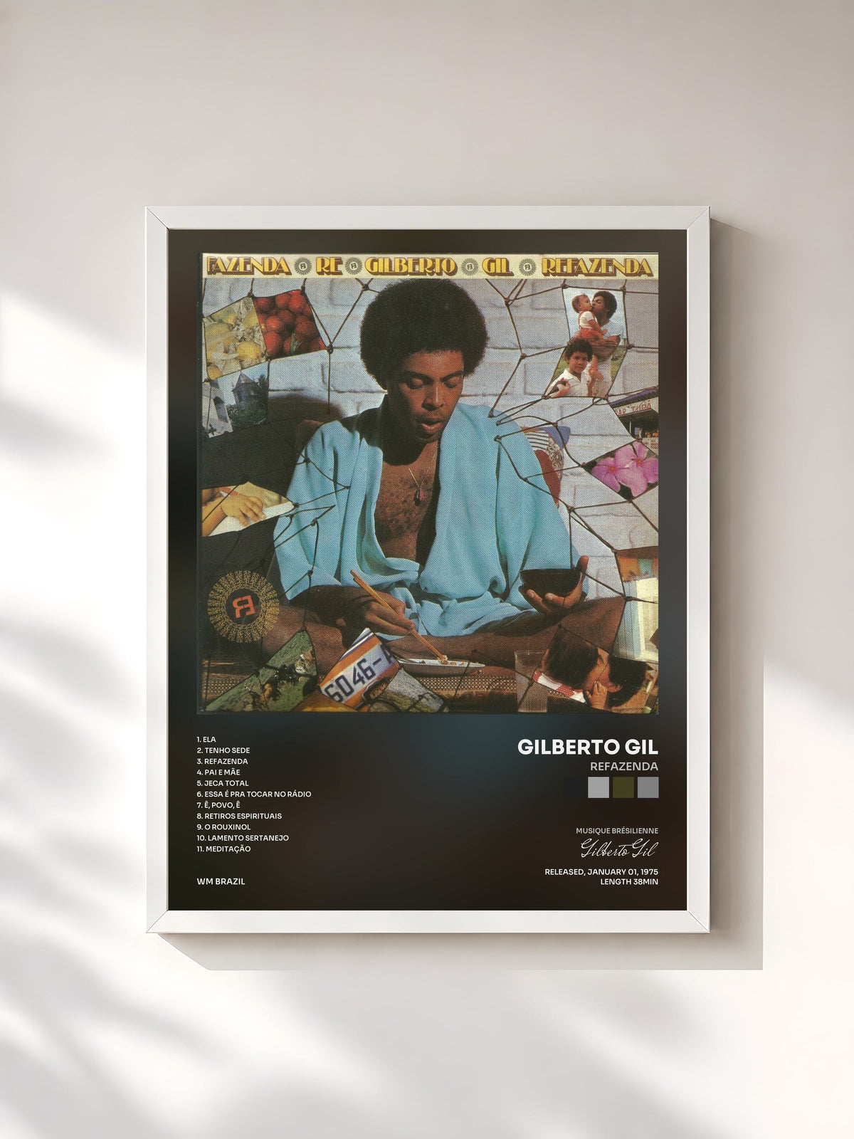 #blanc Tableau de l'album Refazenda de Gilberto Gil, cadre blanc, imprimé et encadré en France