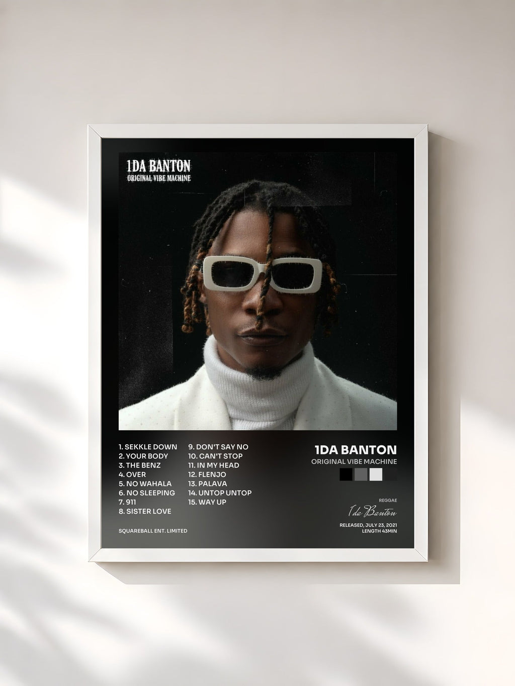 #blanc Tableau de l'album Original Vibe Machine de 1da Banton, cadre blanc, imprimé et encadré en France