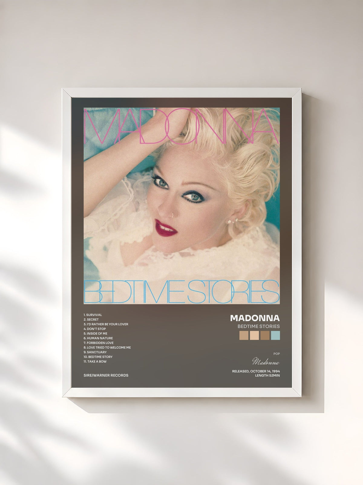 #blanc Tableau de l'album Bedtime Stories de Madonna, cadre blanc, imprimé et encadré en France
