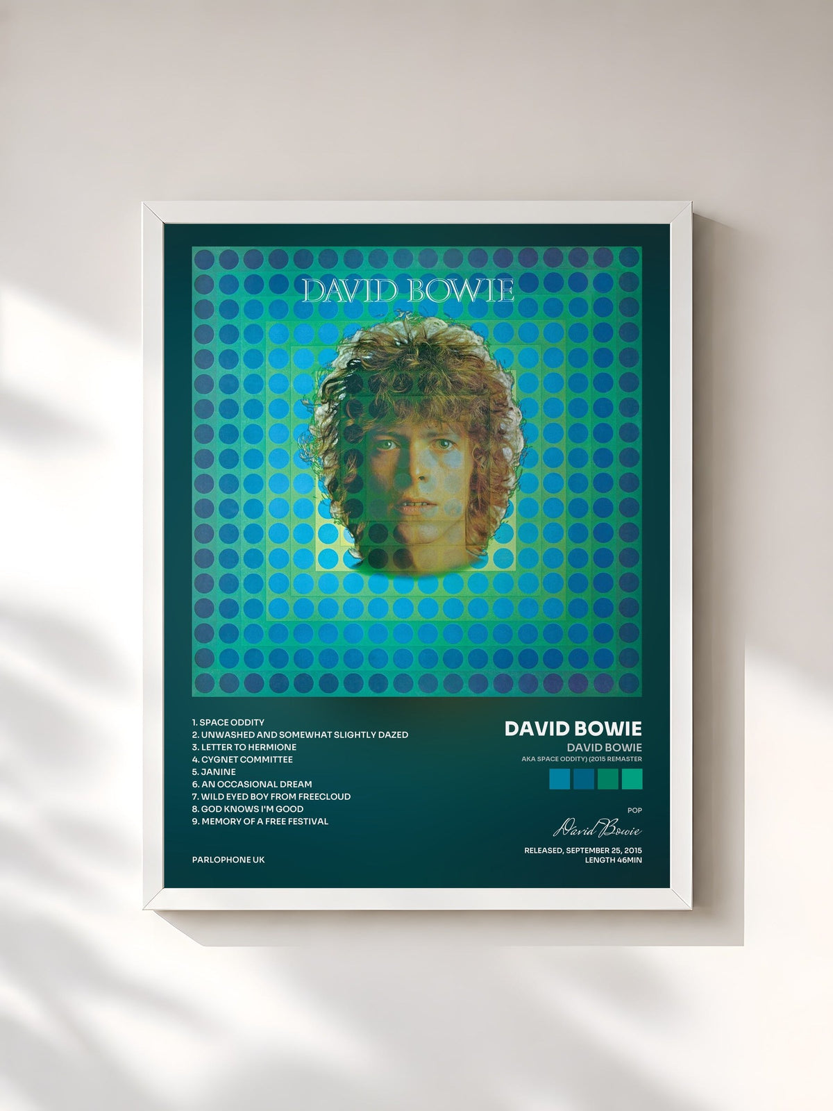#blanc Tableau de l'album David Bowie (aka Space Oddity) (2015 Remaster) de David Bowie, cadre blanc, imprimé et encadré en France