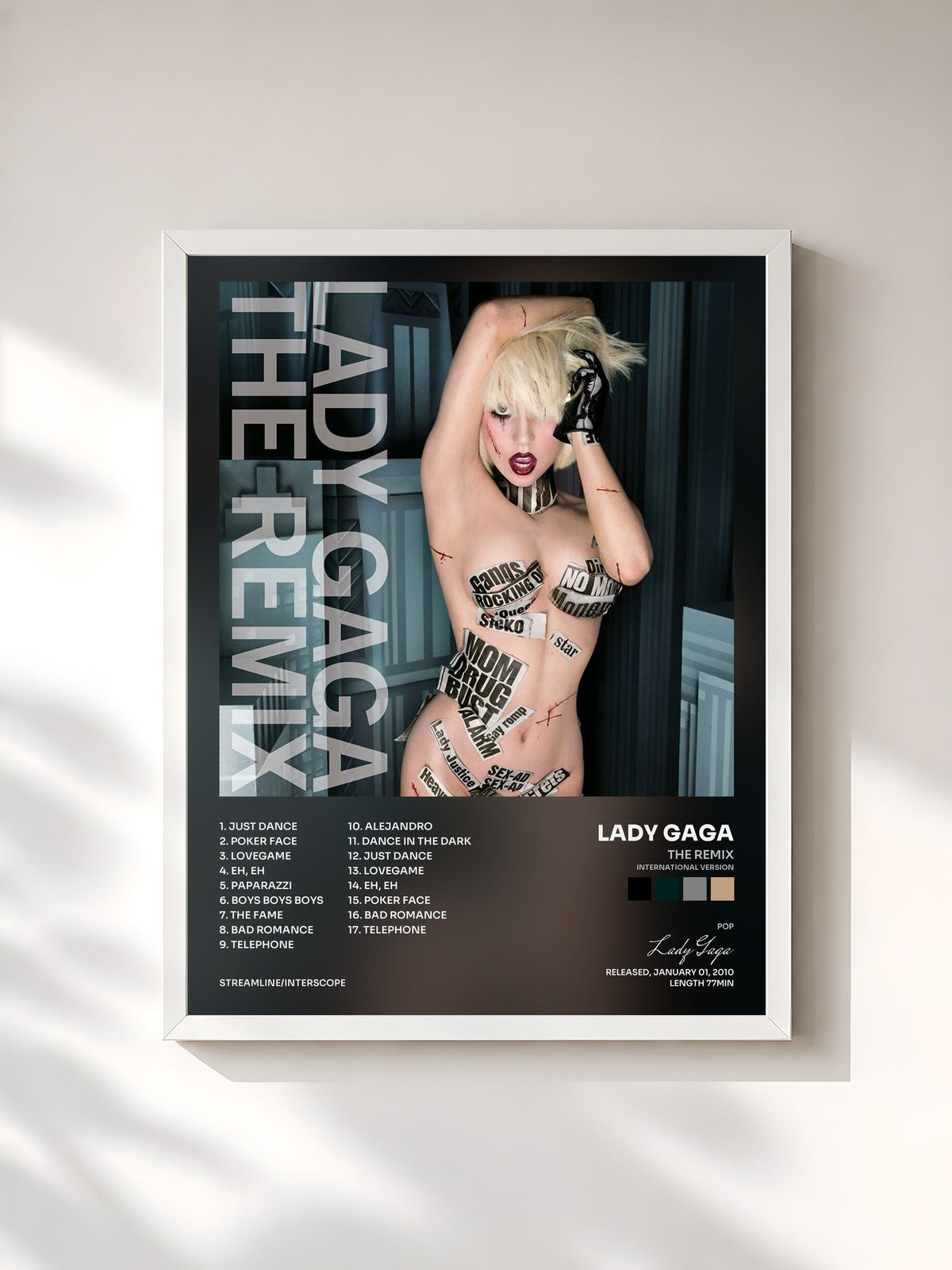 #blanc Tableau de l'album The Remix (International Version) de Lady Gaga, cadre blanc, imprimé et encadré en France