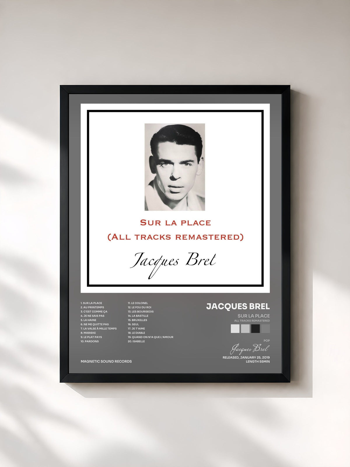 #noir Tableau de l'album Sur la place (All Tracks Remastered) de Jacques Brel, cadre noir, imprimé et encadré en France
