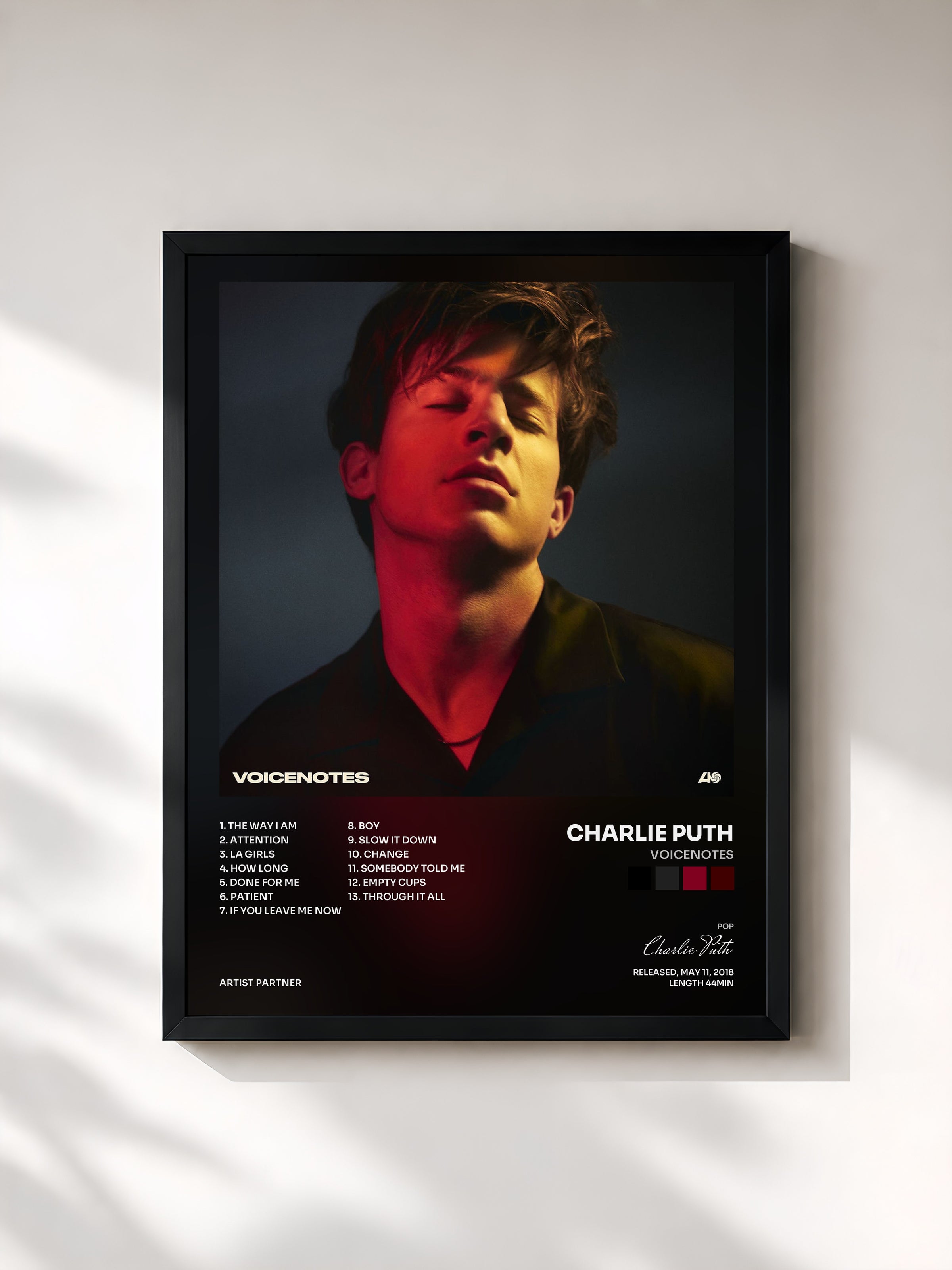#noir Voicenotes by Charlie Puth as a framed art print, black frame, printed and framed in France
