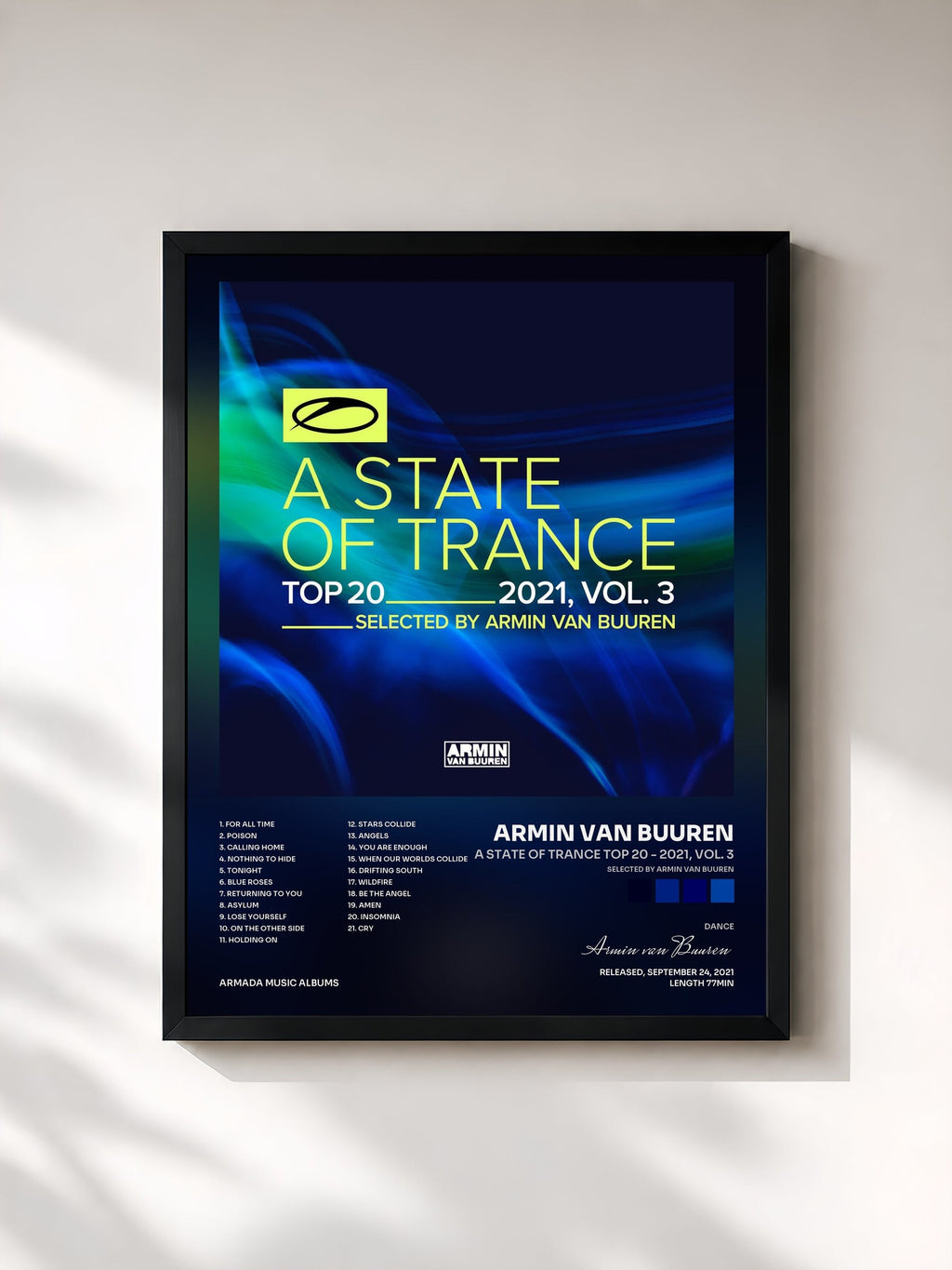 #noir Tableau de l'album A State Of Trance Top 20 - 2021, Vol. 3 (Selected by Armin van Buuren) de Armin van Buuren, cadre noir, imprimé et encadré en France