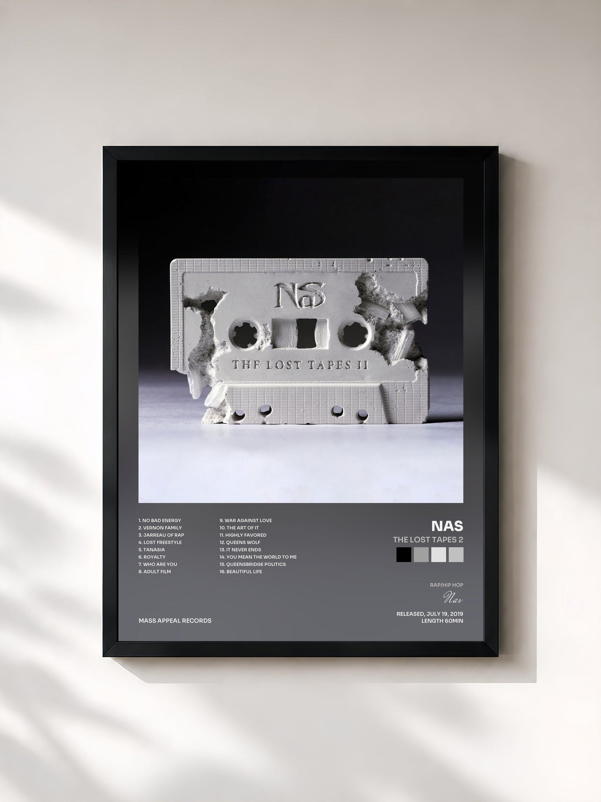 #noir Tableau de l'album The Lost Tapes 2 de Nas, cadre noir, imprimé et encadré en France