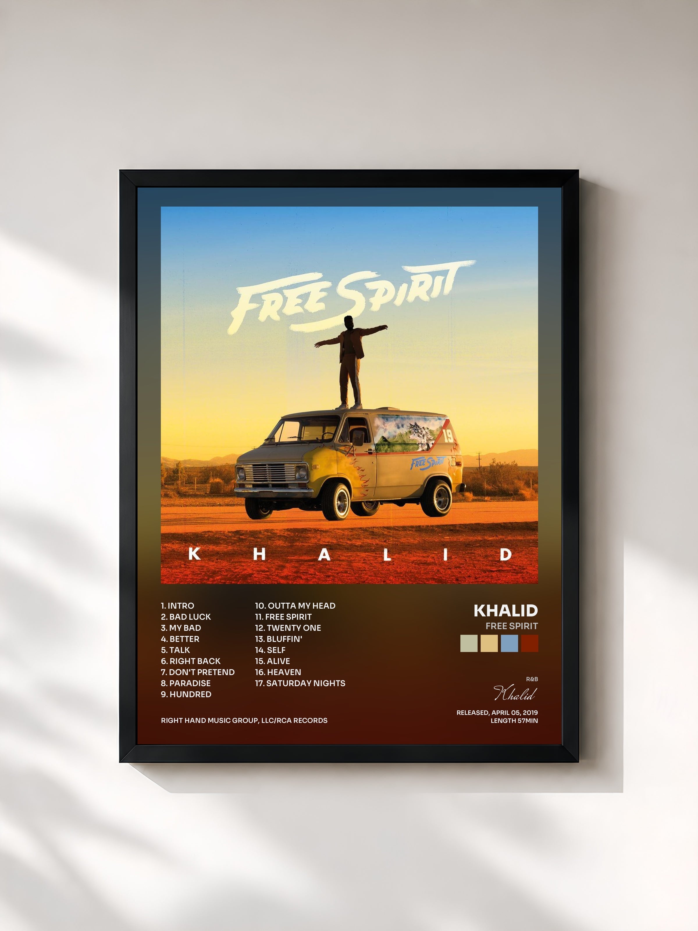 #noir Tableau de l'album Free Spirit de Khalid, cadre noir, imprimé et encadré en France