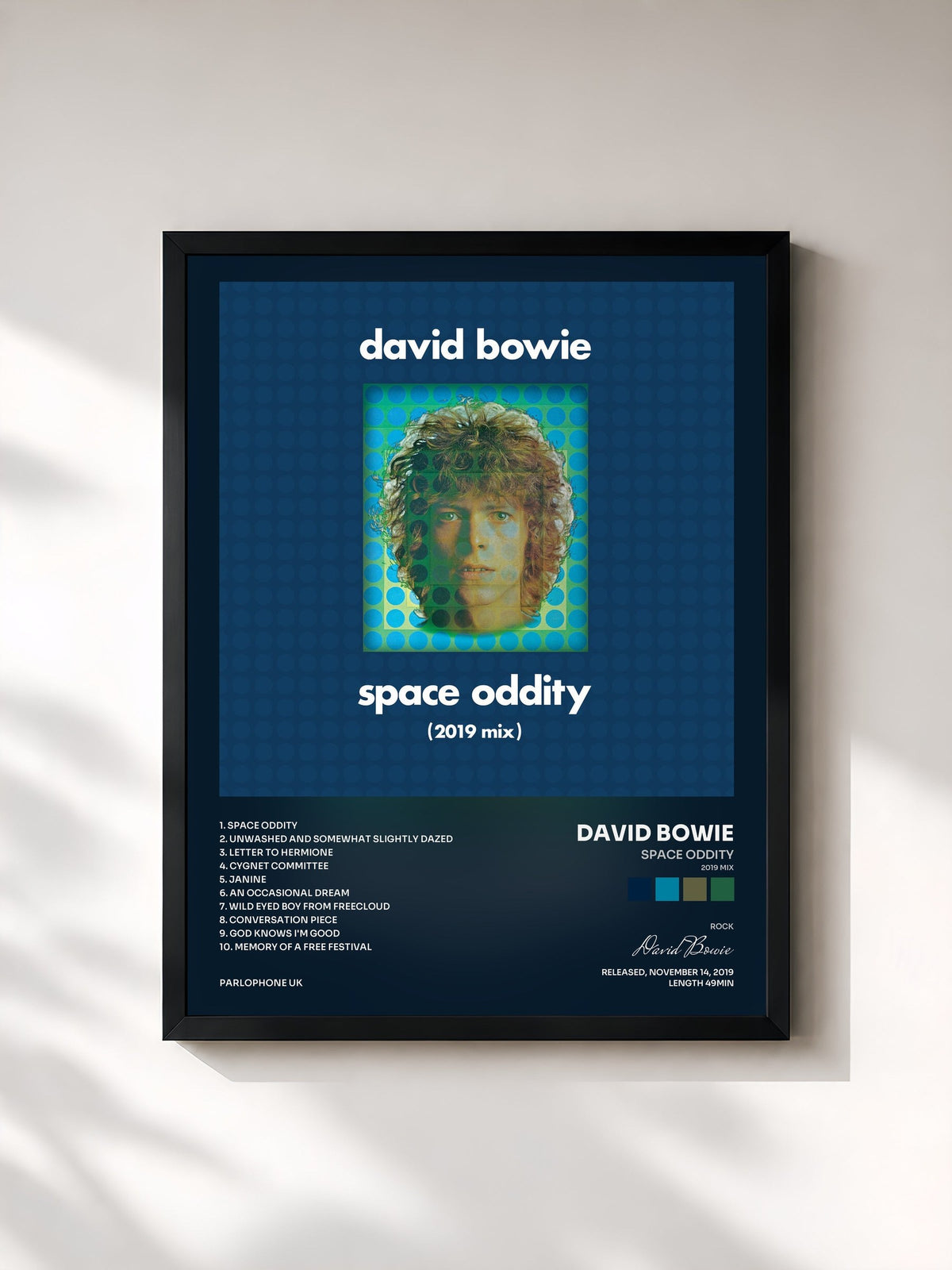 #noir Tableau de l'album Space Oddity (2019 Mix) de David Bowie, cadre noir, imprimé et encadré en France