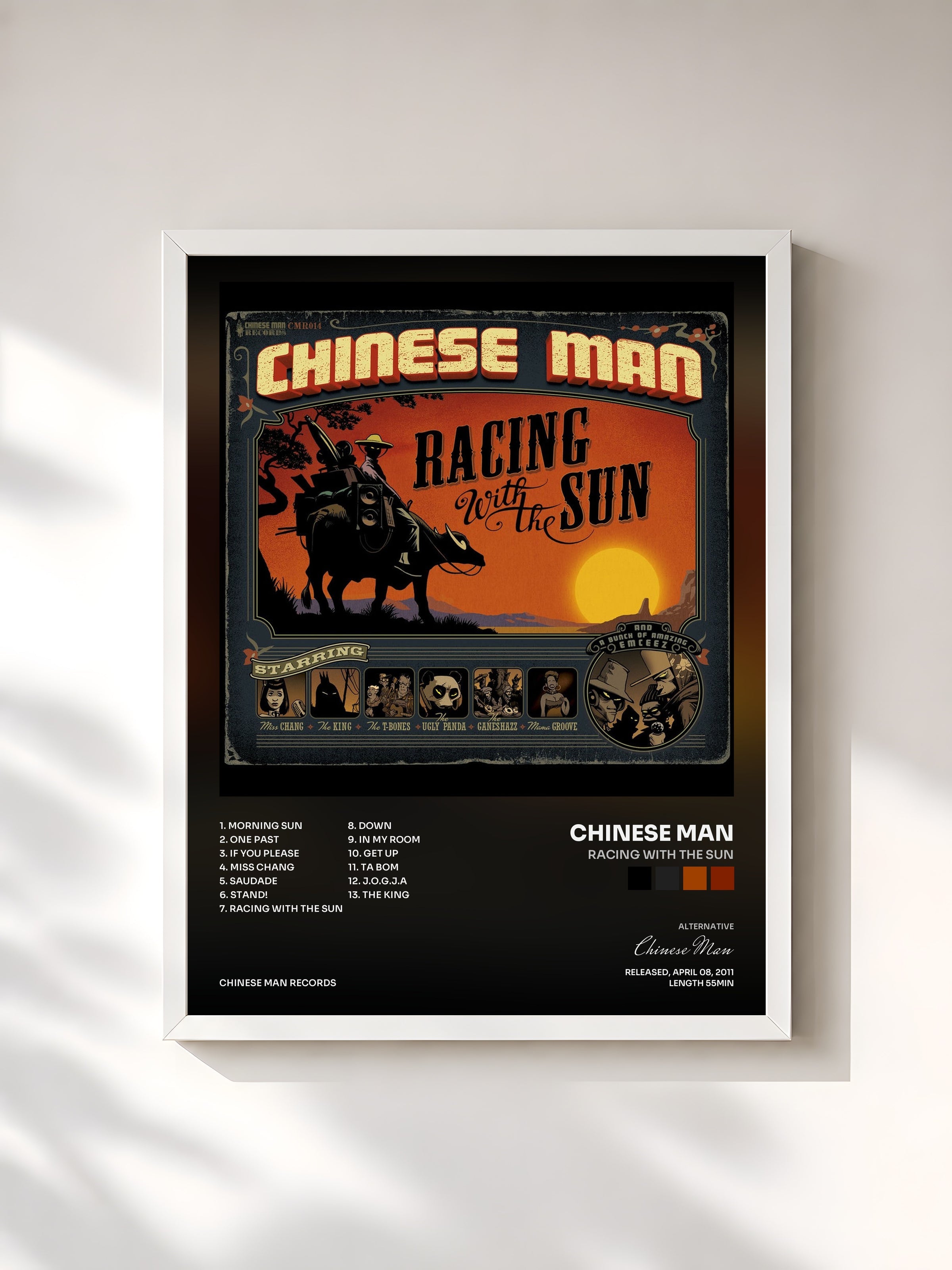#blanc Racing With the Sun by Chinese Man as a framed art print, white frame, printed and framed in France