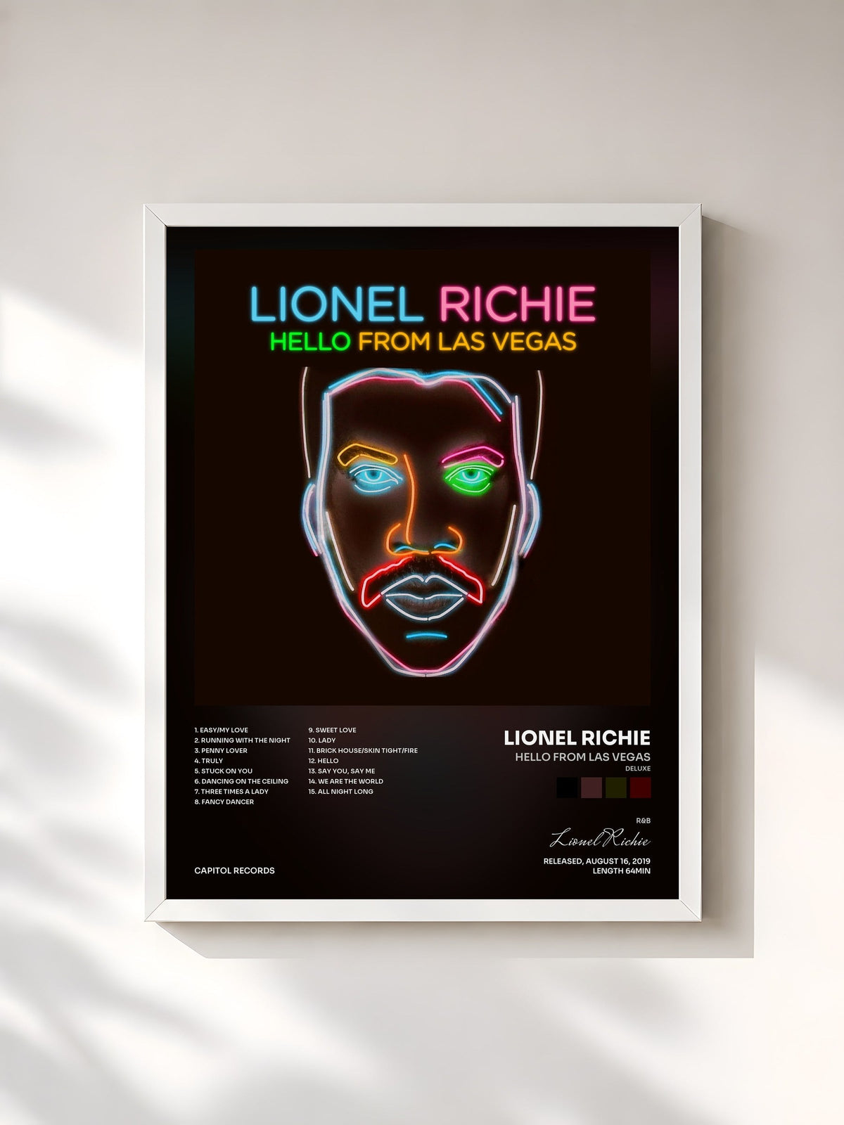 #blanc Tableau de l'album Hello From Las Vegas (Deluxe) de Lionel Richie, cadre blanc, imprimé et encadré en France