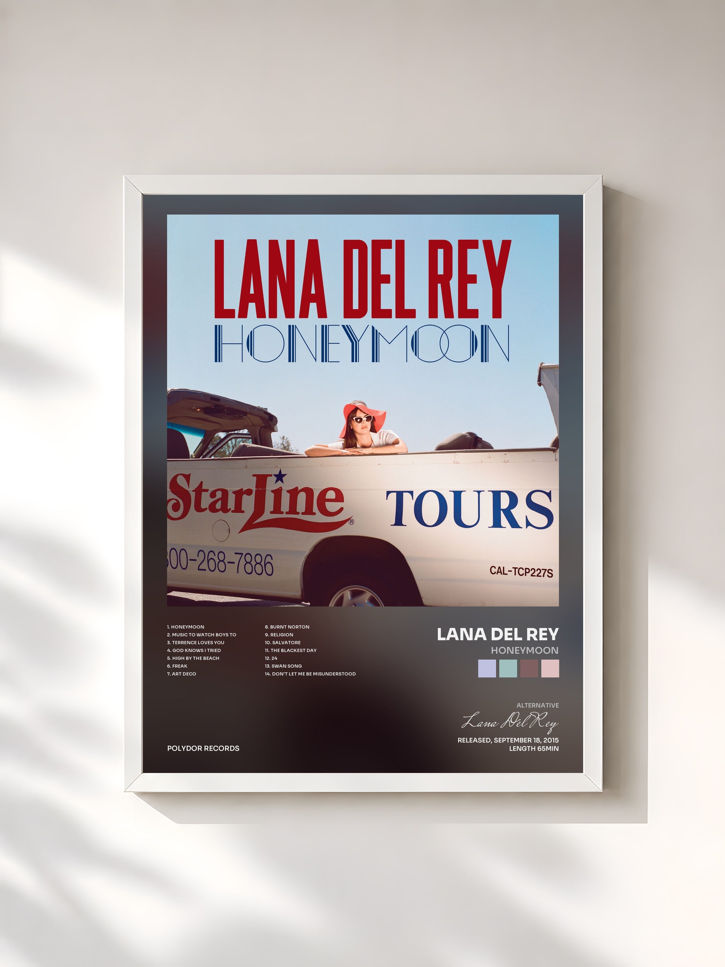 #blanc Tableau de l'album Honeymoon de Lana Del Rey, cadre blanc, imprimé et encadré en France