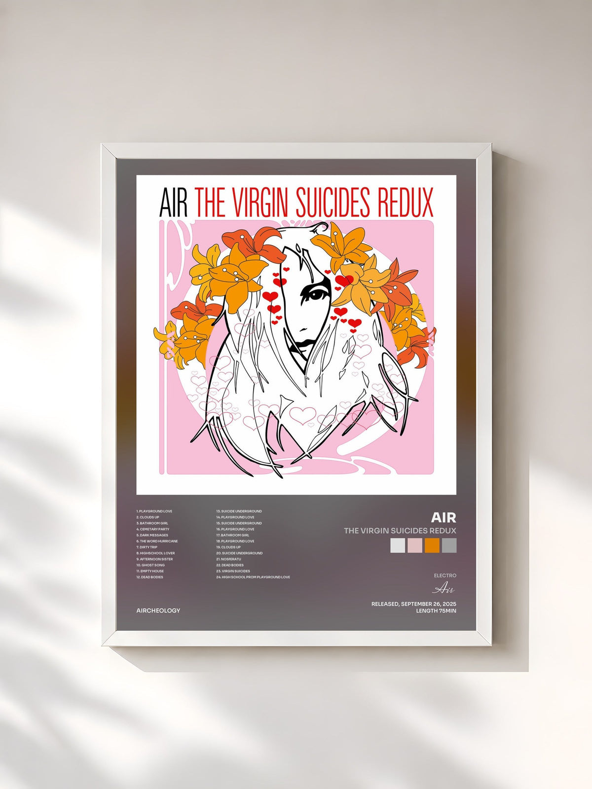 #blanc Tableau de l'album The Virgin Suicides Redux de Air, cadre blanc, imprimé et encadré en France