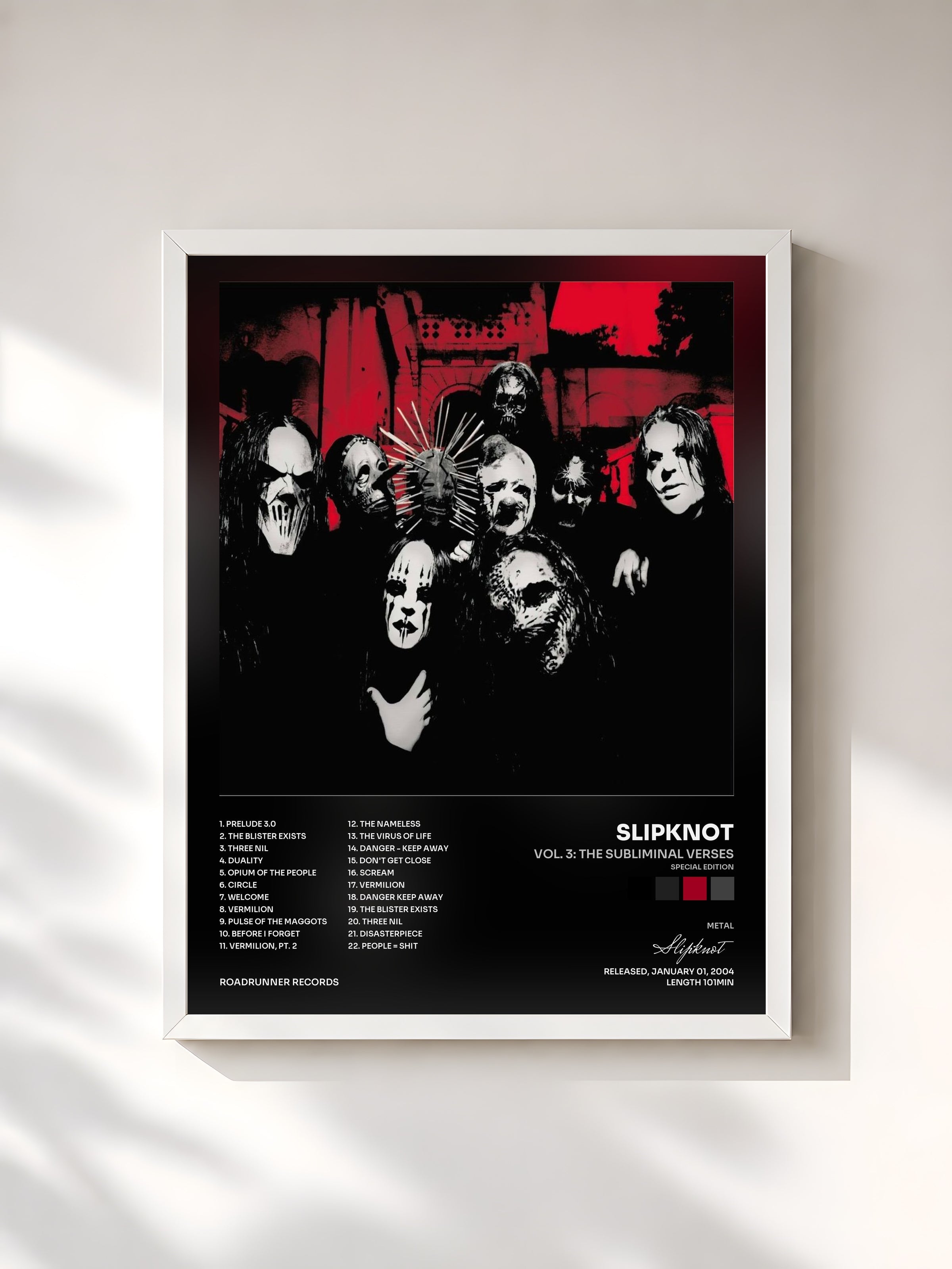 #blanc Tableau de l'album Vol. 3: The Subliminal Verses (Special Edition) de Slipknot, cadre blanc, imprimé et encadré en France