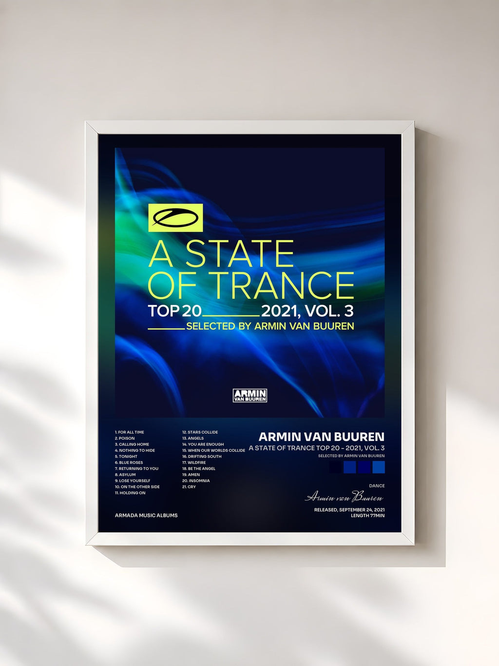 #blanc Tableau de l'album A State Of Trance Top 20 - 2021, Vol. 3 (Selected by Armin van Buuren) de Armin van Buuren, cadre blanc, imprimé et encadré en France