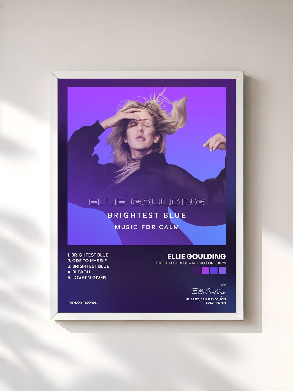 #blanc Tableau de l'album Brightest Blue - Music For Calm de Ellie Goulding, cadre blanc, imprimé et encadré en France