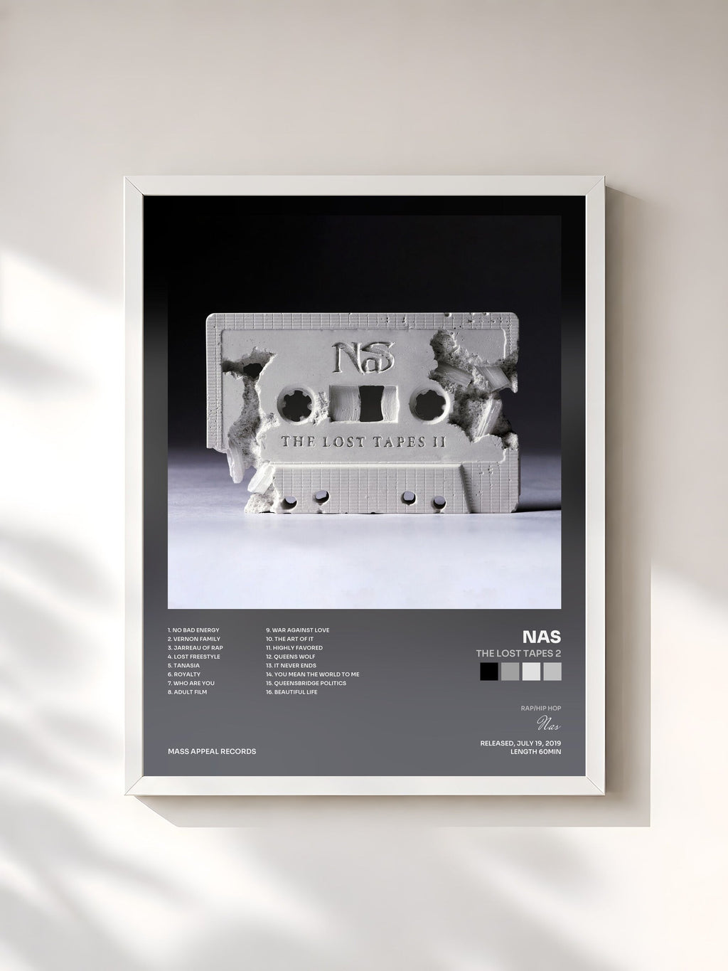 #blanc Tableau de l'album The Lost Tapes 2 de Nas, cadre blanc, imprimé et encadré en France
