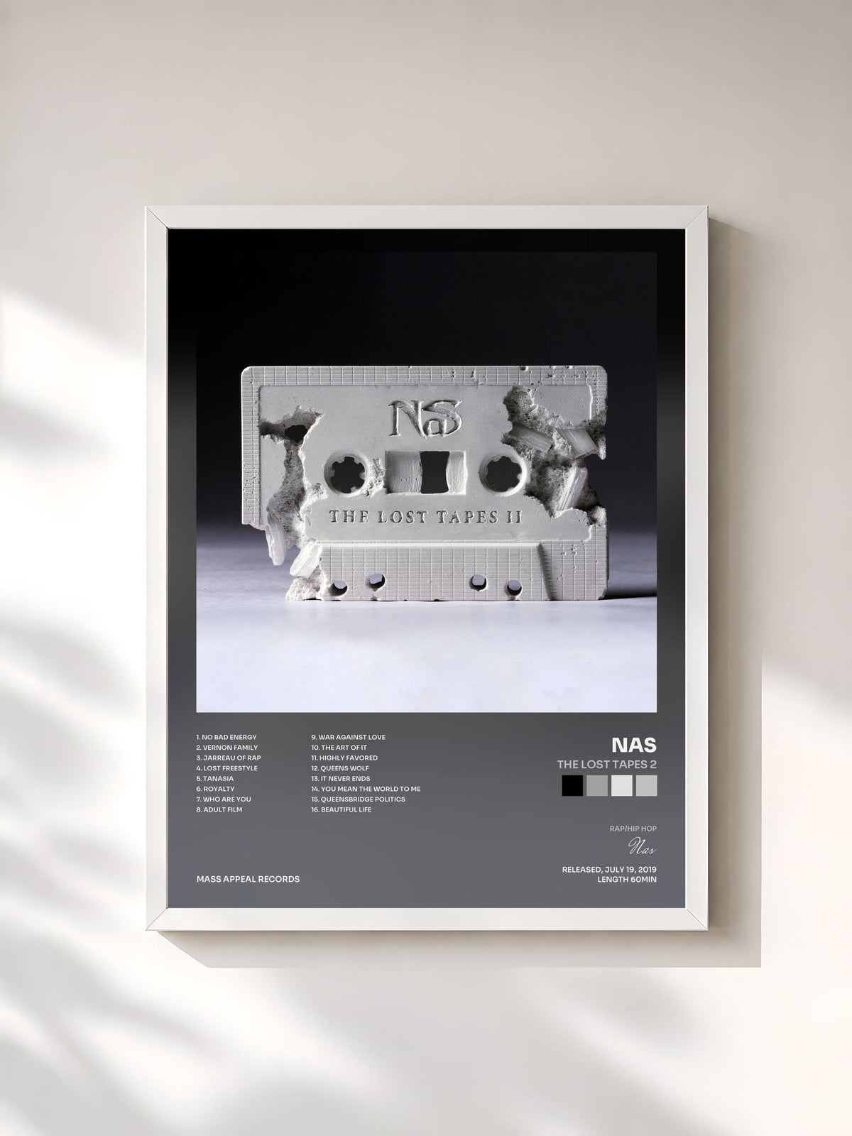 #blanc Tableau de l'album The Lost Tapes 2 de Nas, cadre blanc, imprimé et encadré en France