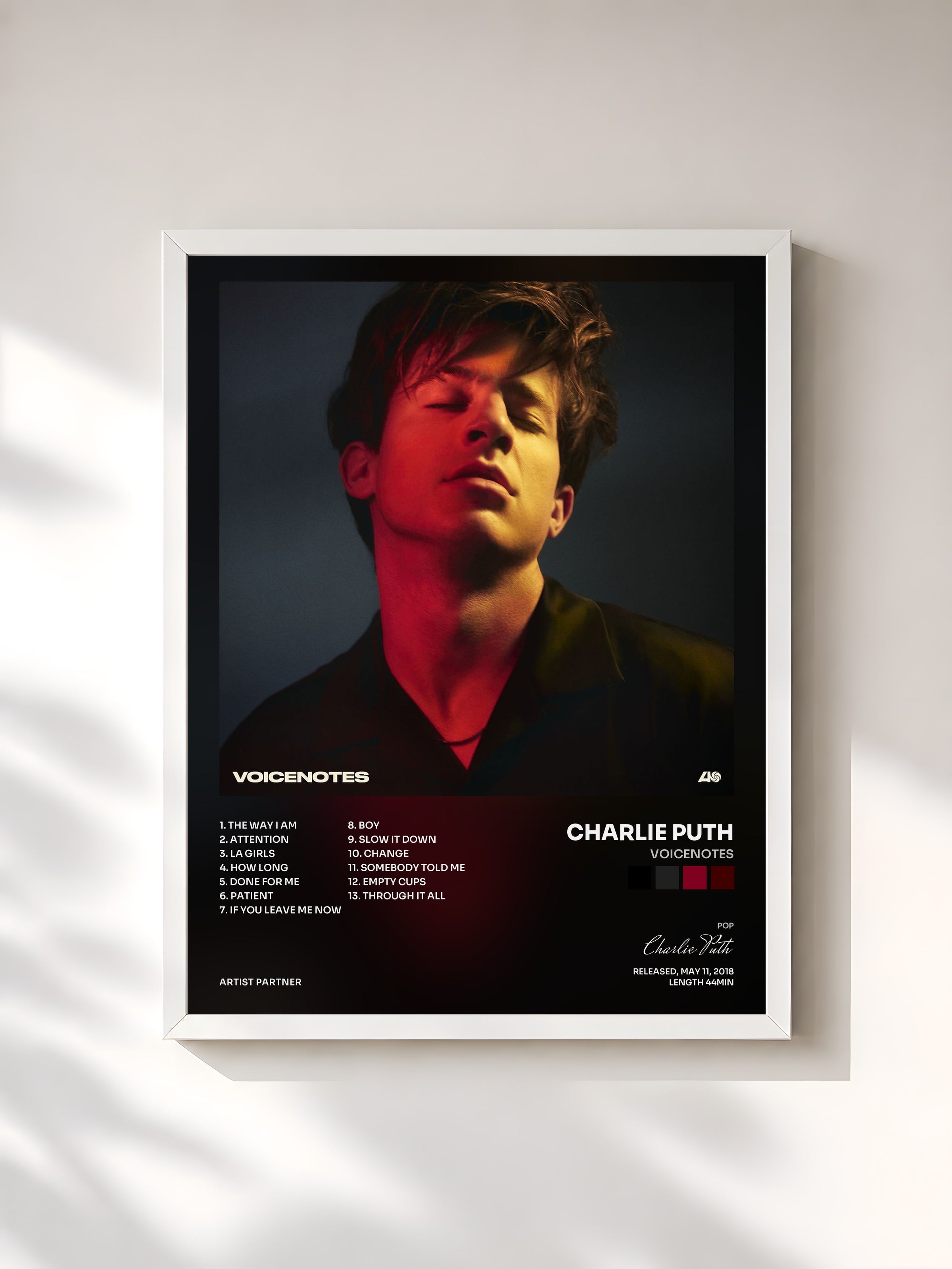#blanc Voicenotes by Charlie Puth as a framed art print, white frame, printed and framed in France
