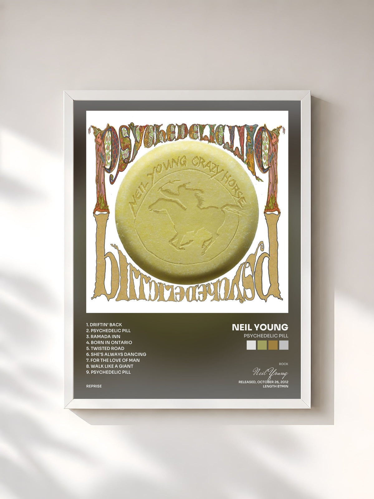 #blanc Tableau de l'album Psychedelic Pill de Neil Young, cadre blanc, imprimé et encadré en France