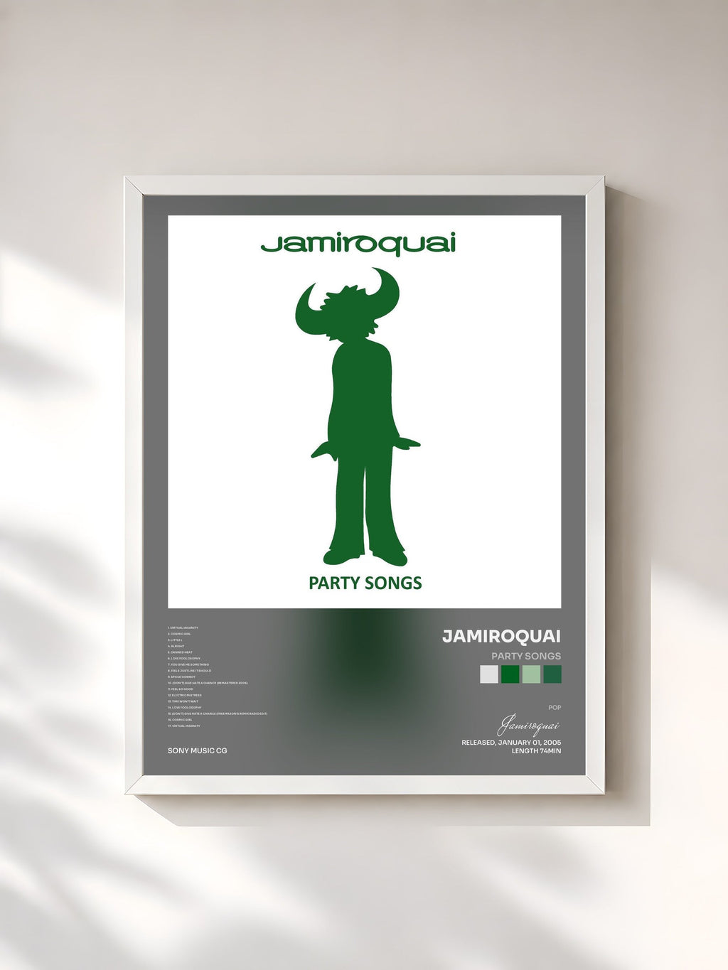 #blanc Tableau de l'album Party Songs de Jamiroquai, cadre blanc, imprimé et encadré en France