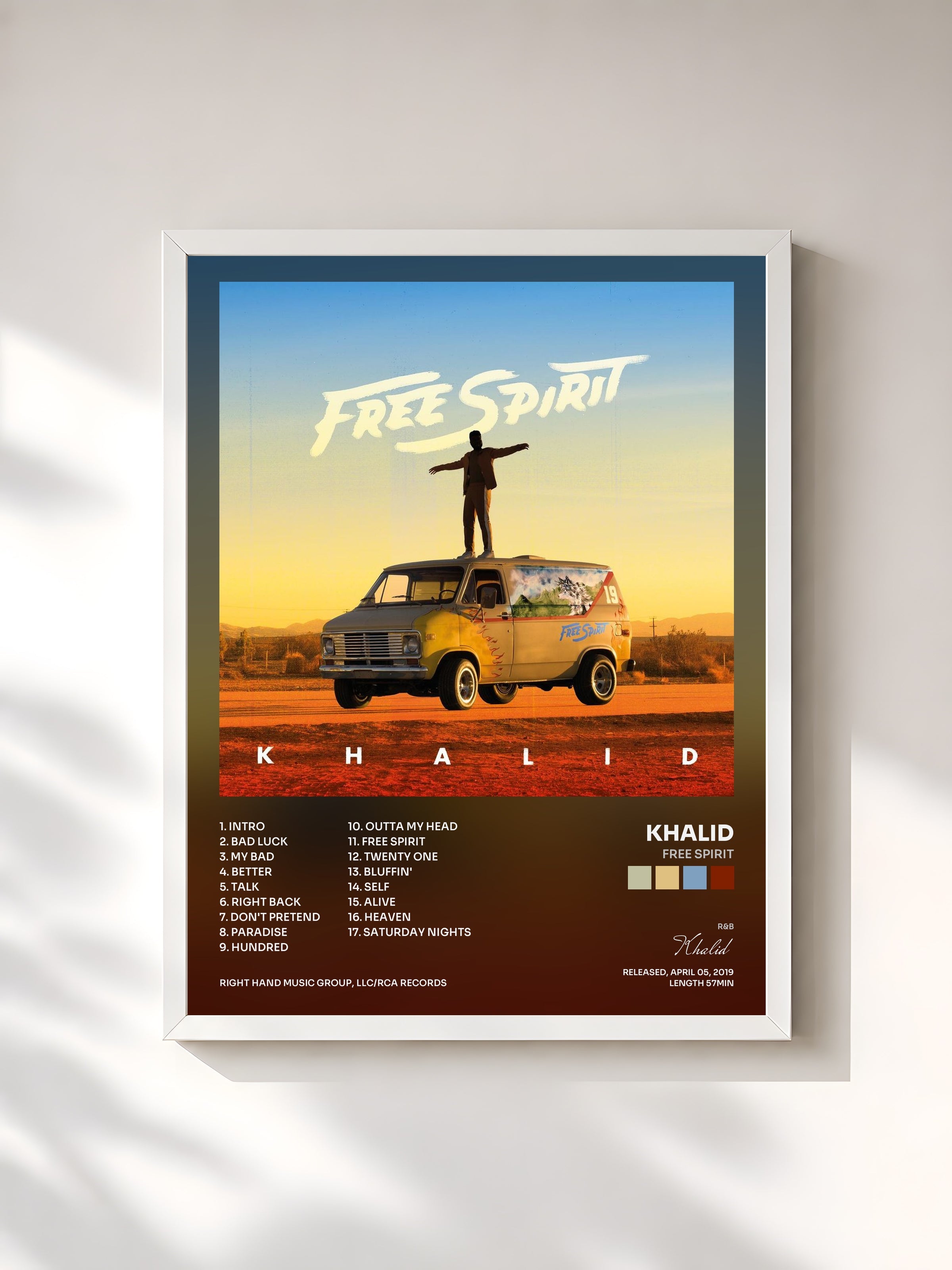 #blanc Tableau de l'album Free Spirit de Khalid, cadre blanc, imprimé et encadré en France