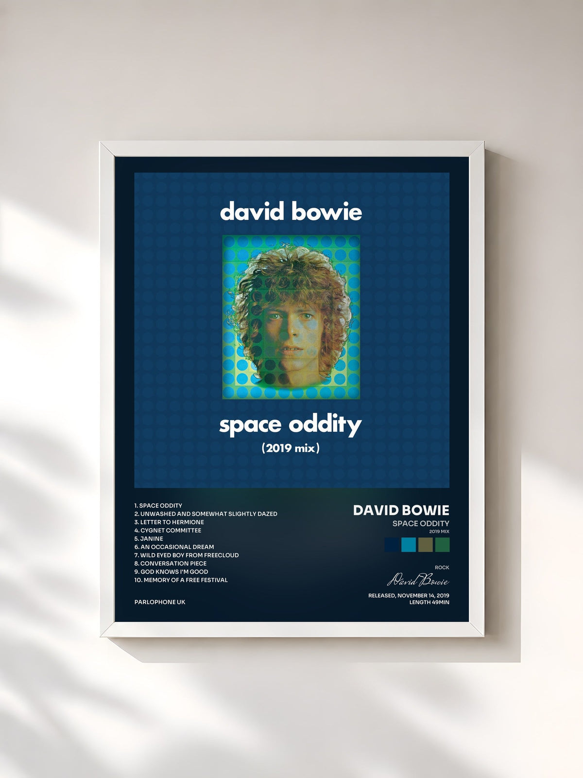 #blanc Tableau de l'album Space Oddity (2019 Mix) de David Bowie, cadre blanc, imprimé et encadré en France