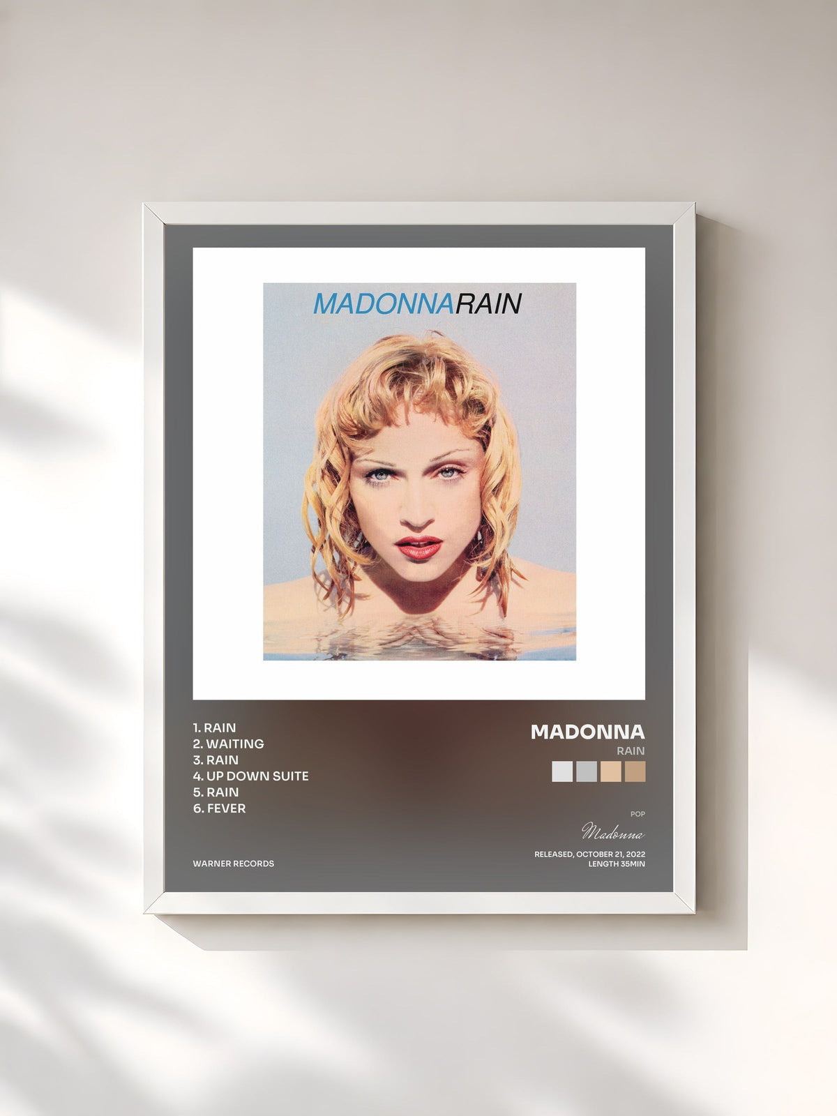 #blanc Tableau de l'album Rain de Madonna, cadre blanc, imprimé et encadré en France