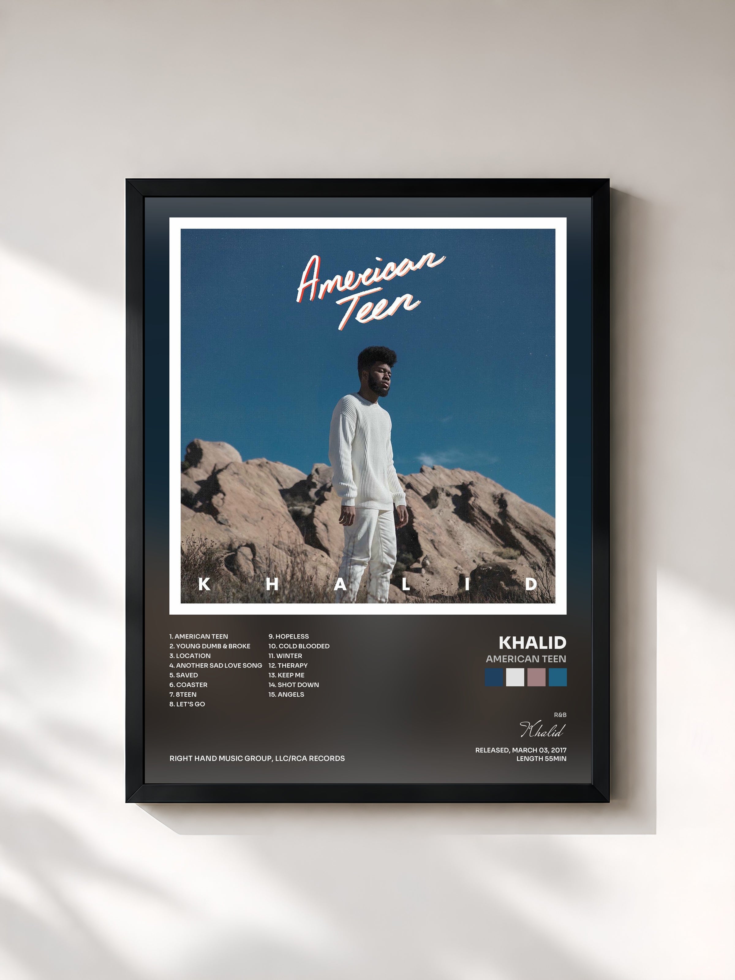 #noir Tableau de l'album American Teen de Khalid, cadre noir, imprimé et encadré en France