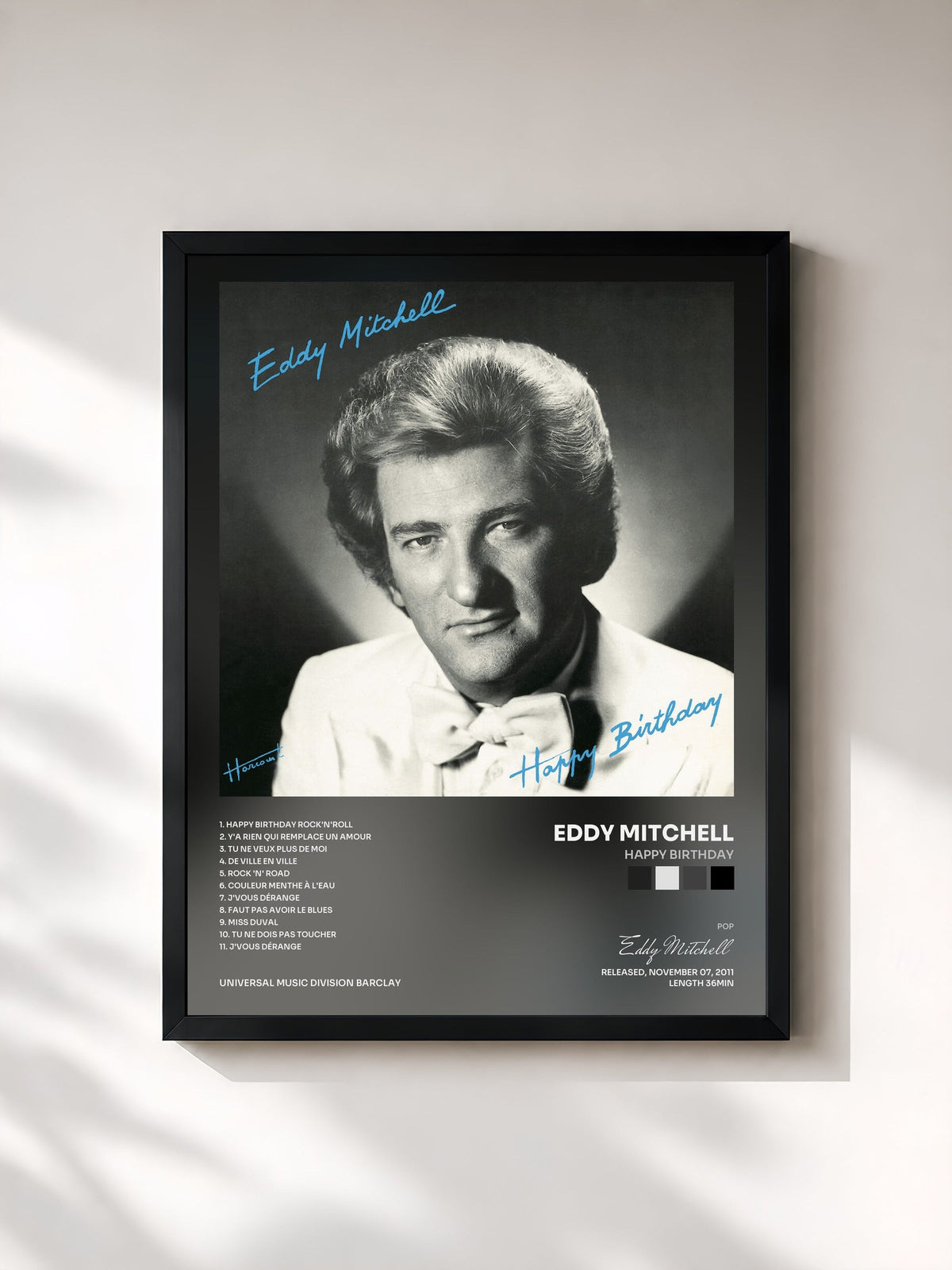 #noir Tableau de l'album Happy Birthday de Eddy Mitchell, cadre noir, imprimé et encadré en France