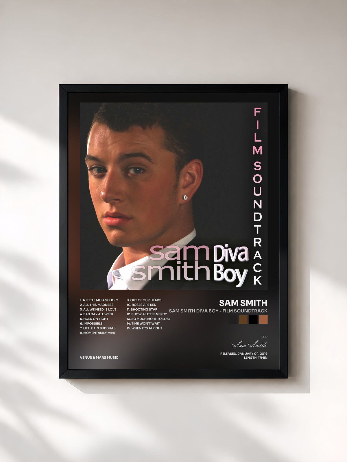 #noir Tableau de l'album Sam Smith Diva Boy - Film Soundtrack de Sam Smith, cadre noir, imprimé et encadré en France