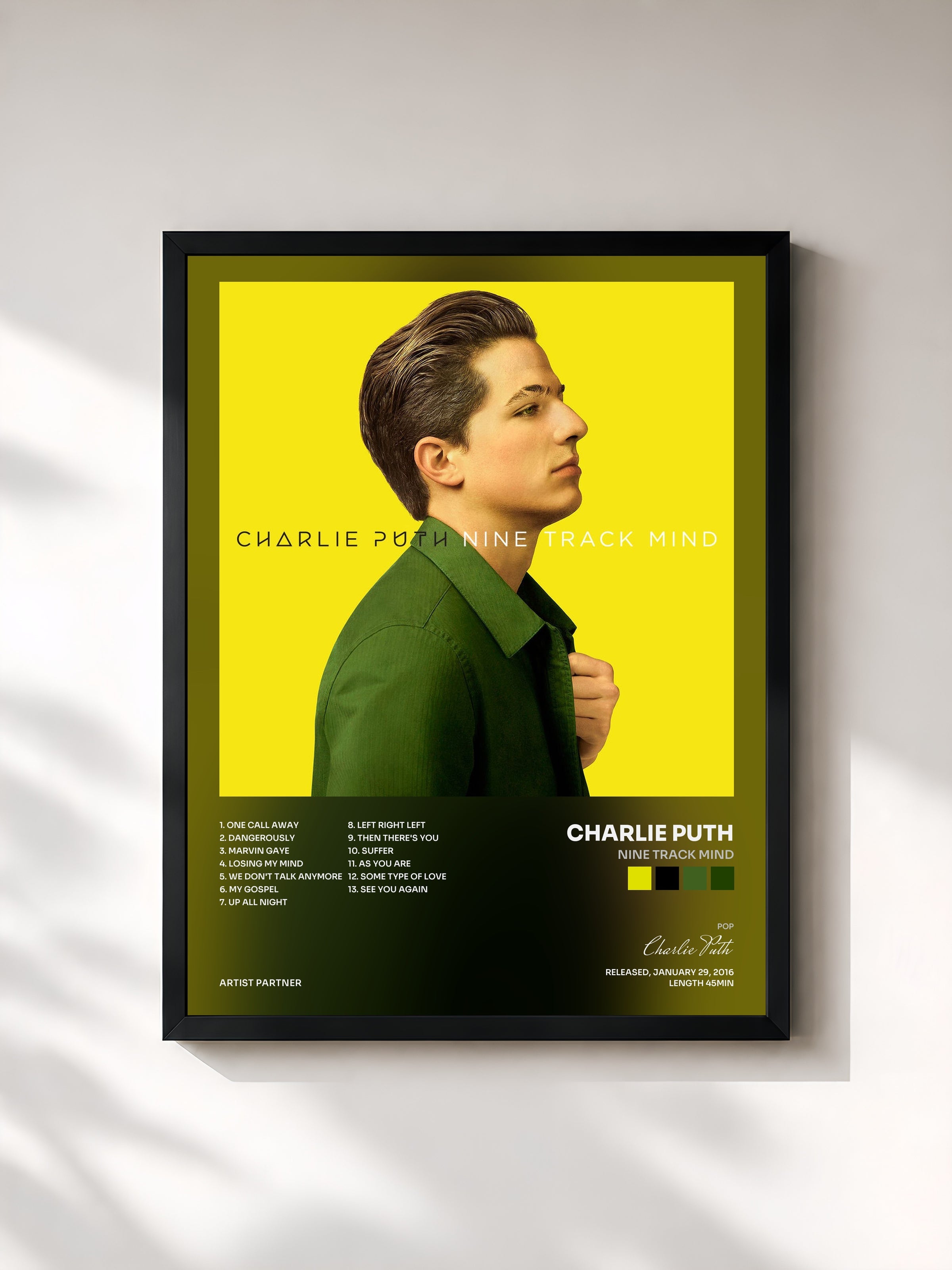 #noir Tableau de l'album Nine Track Mind de Charlie Puth, cadre noir, imprimé et encadré en France