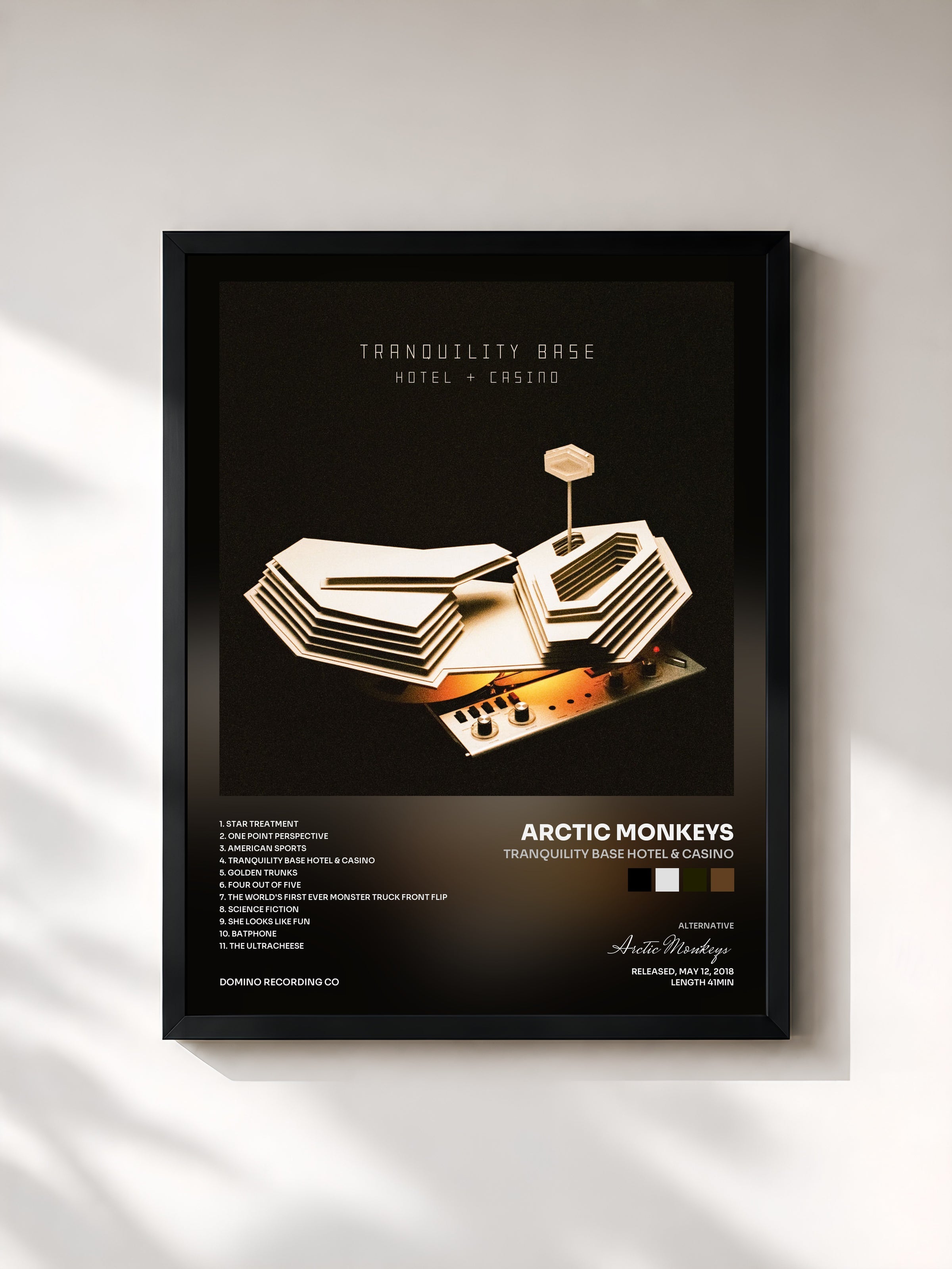 #noir Tableau de l'album Tranquility Base Hotel & Casino de Arctic Monkeys, cadre noir, imprimé et encadré en France