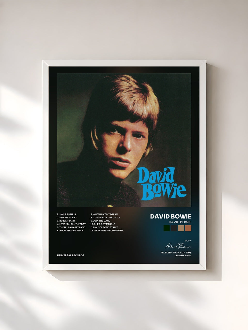 #blanc Tableau de l'album David Bowie de David Bowie, cadre blanc, imprimé et encadré en France