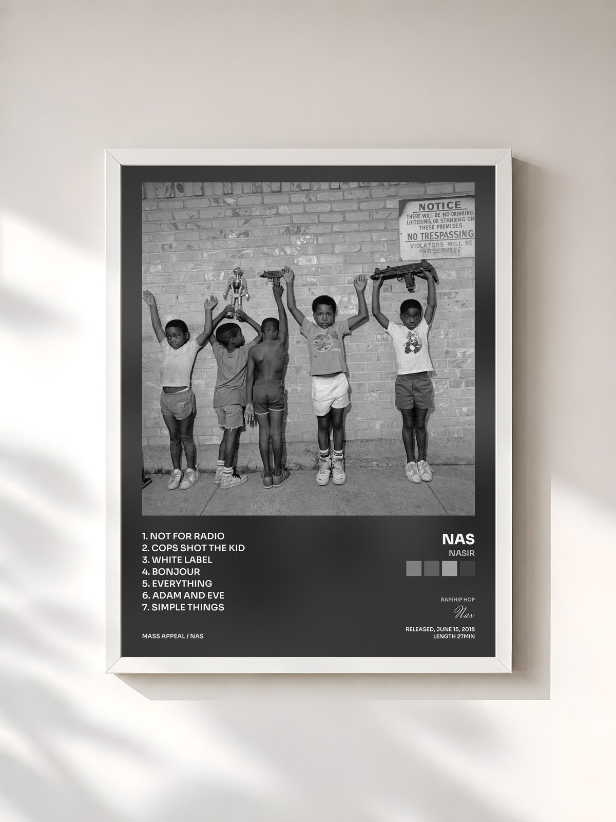 #blanc Tableau de l'album NASIR de Nas, cadre blanc, imprimé et encadré en France