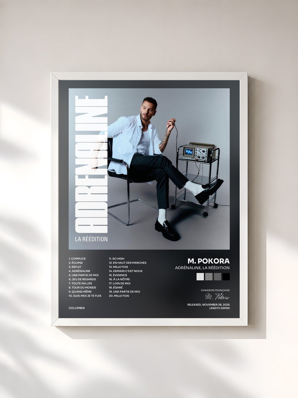 #blanc Tableau de l'album ADRÉNALINE, LA RÉÉDITION de M. Pokora, cadre blanc, imprimé et encadré en France