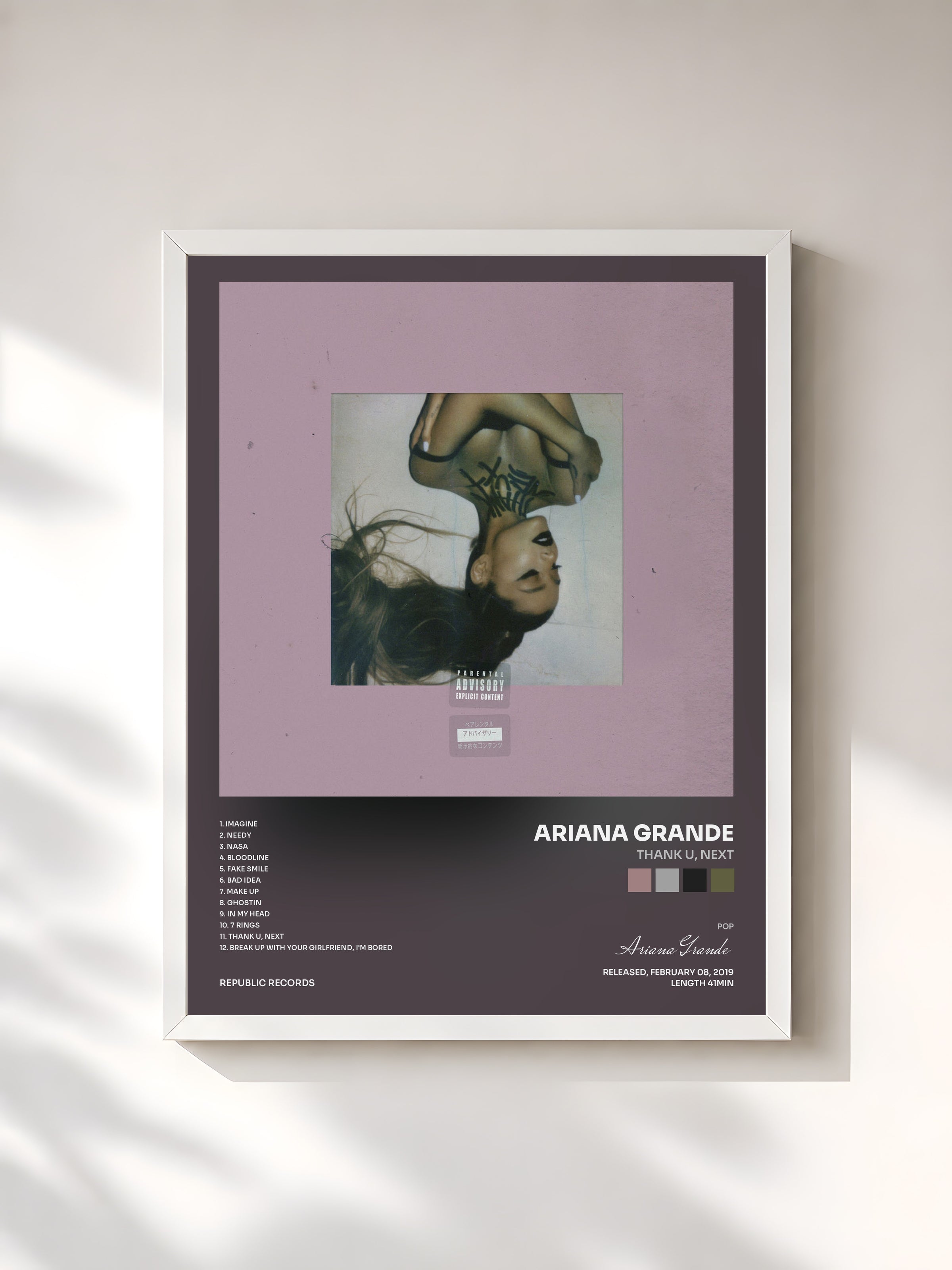 #blanc thank u, next di Ariana Grande in stampa incorniciata, cornice bianca, stampata e incorniciata in Francia