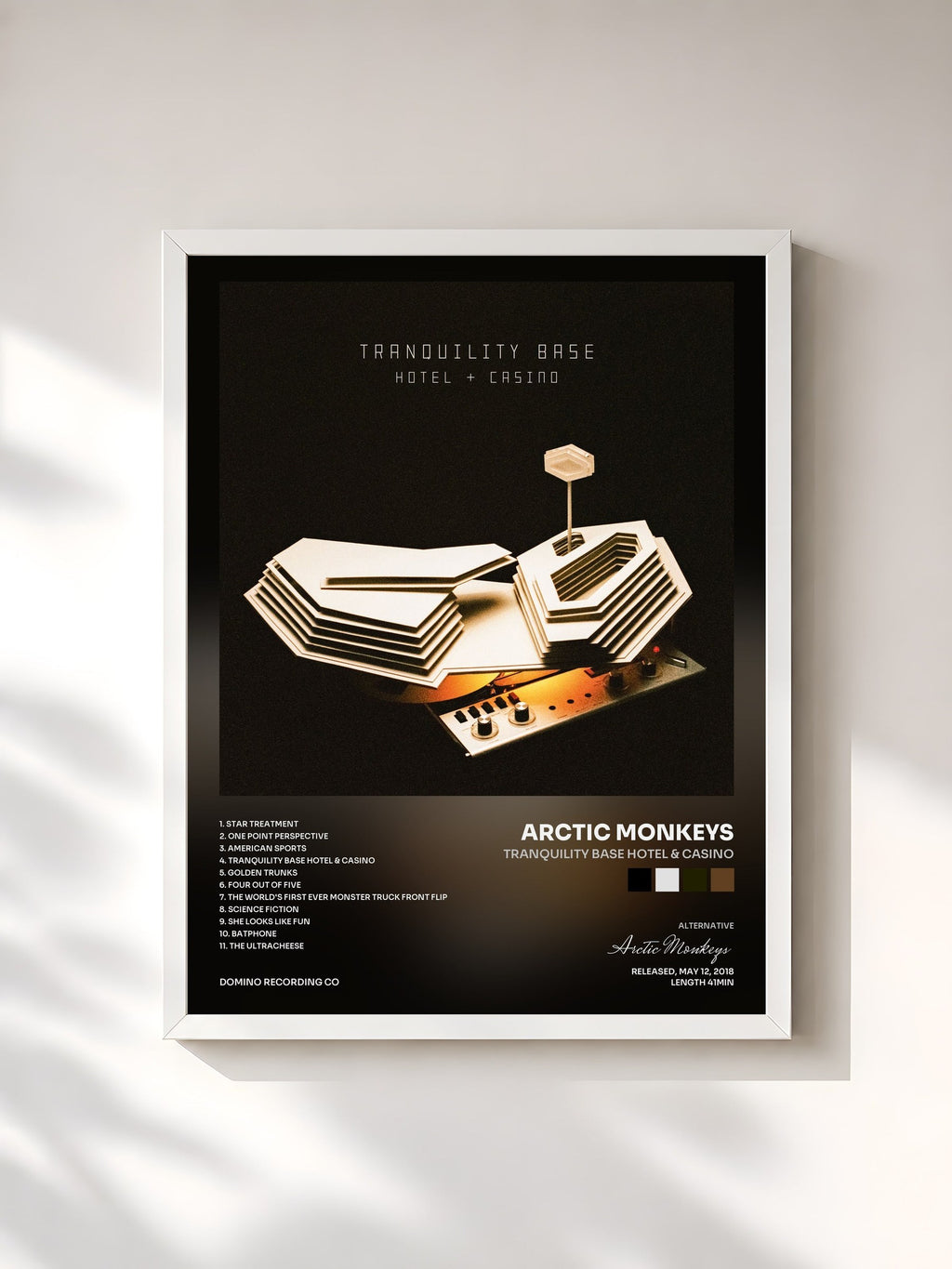 #blanc Tableau de l'album Tranquility Base Hotel & Casino de Arctic Monkeys, cadre blanc, imprimé et encadré en France