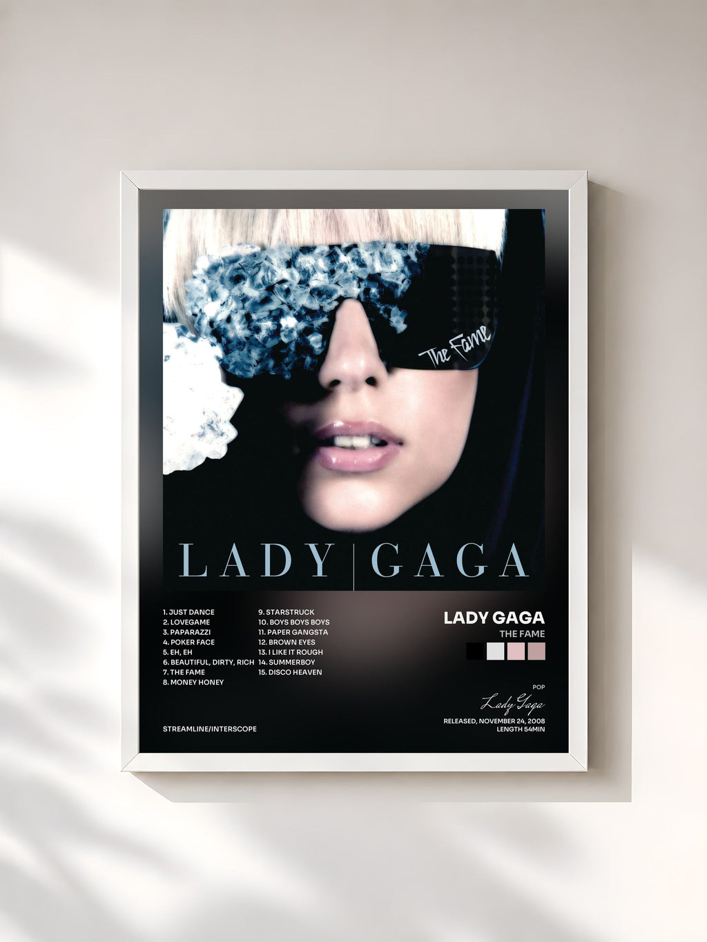 #blanc Tableau de l'album The Fame de Lady Gaga, cadre blanc, imprimé et encadré en France