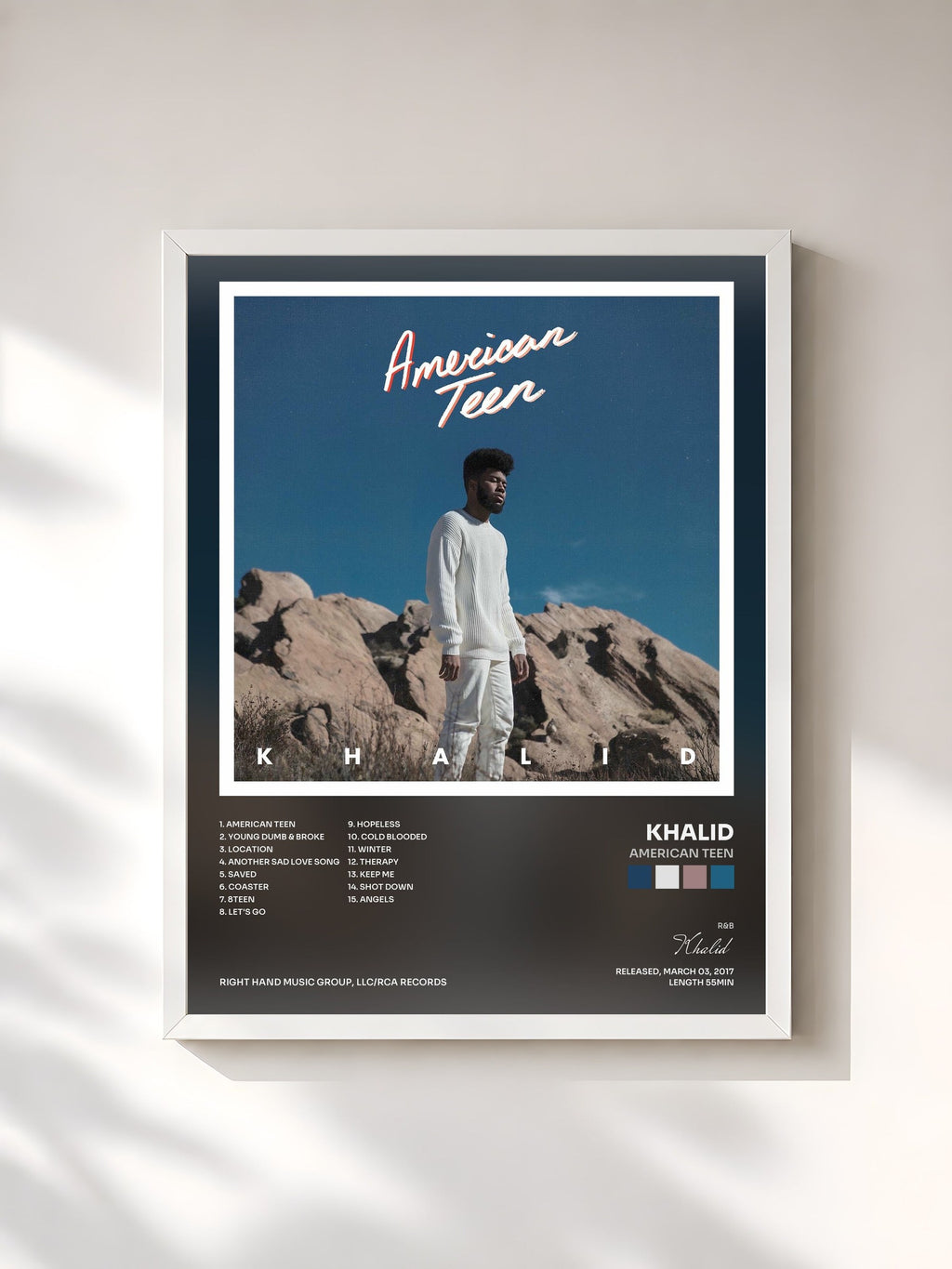 #blanc Tableau de l'album American Teen de Khalid, cadre blanc, imprimé et encadré en France