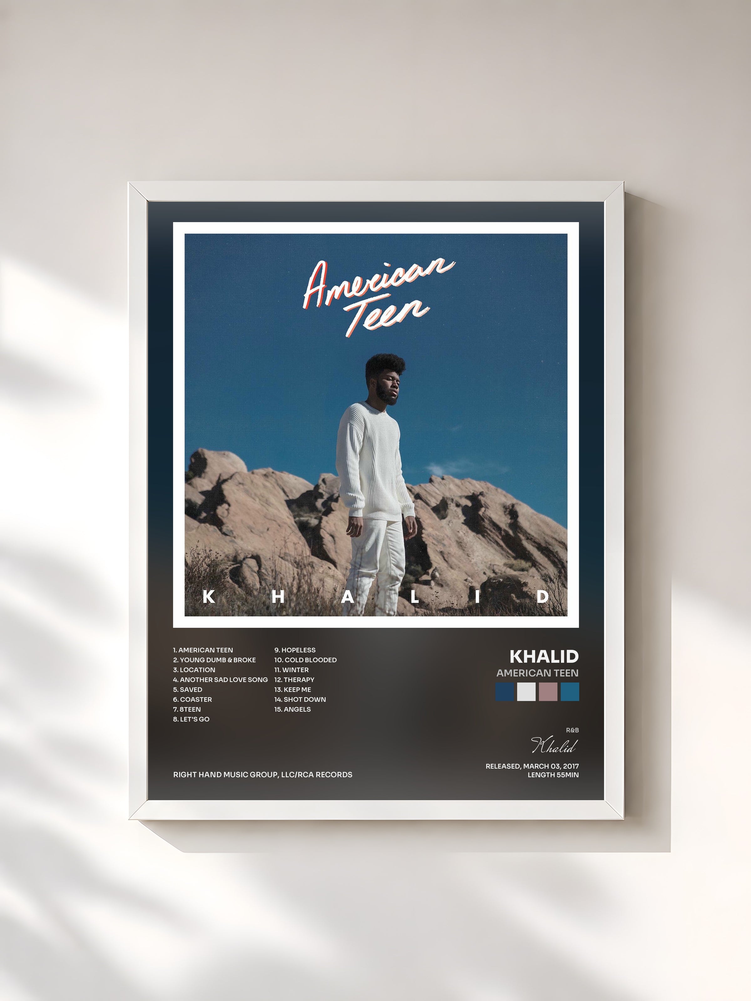 #blanc Tableau de l'album American Teen de Khalid, cadre blanc, imprimé et encadré en France