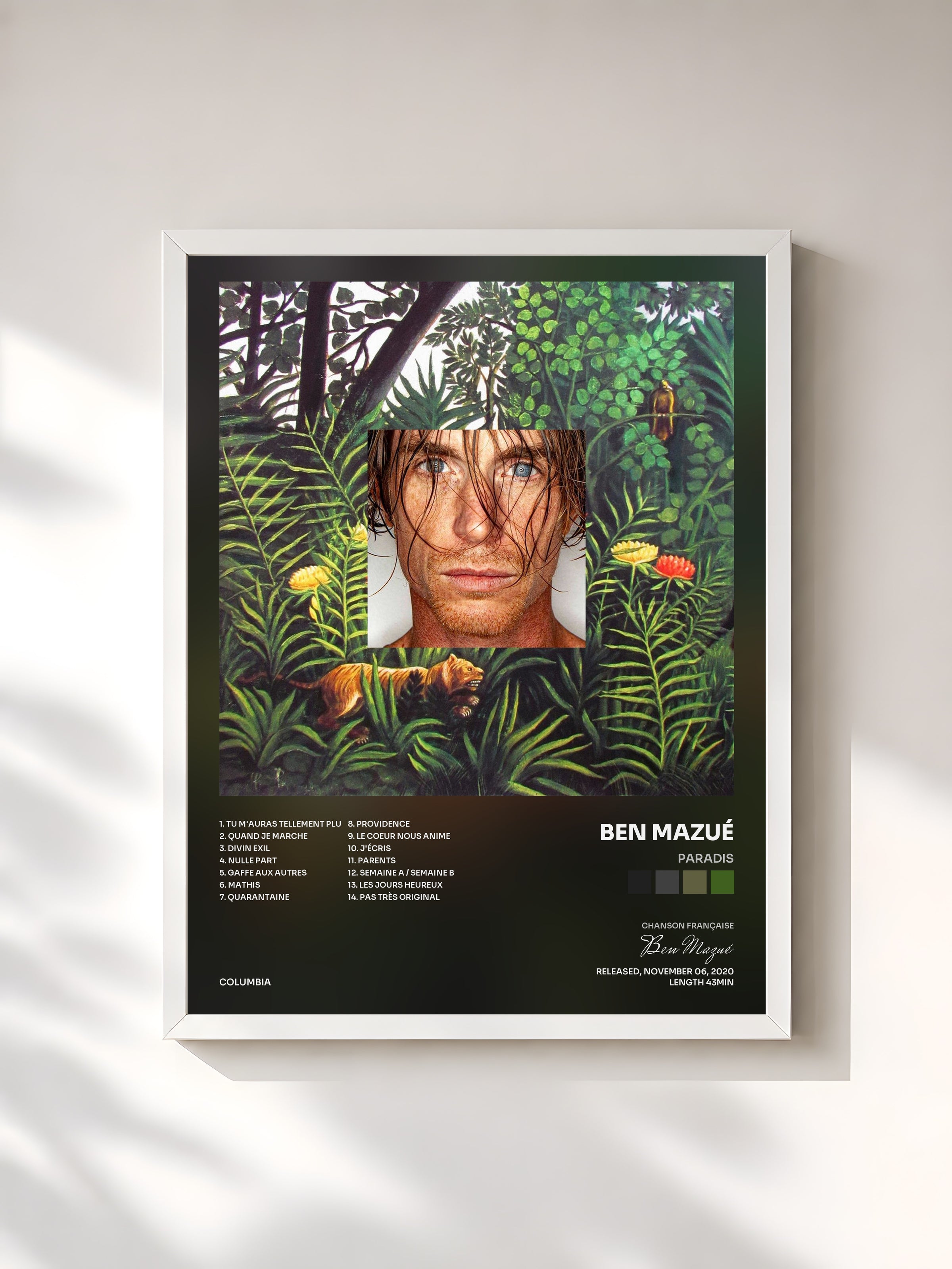 #blanc Paradis by Ben Mazué as a framed art print, white frame, printed and framed in France