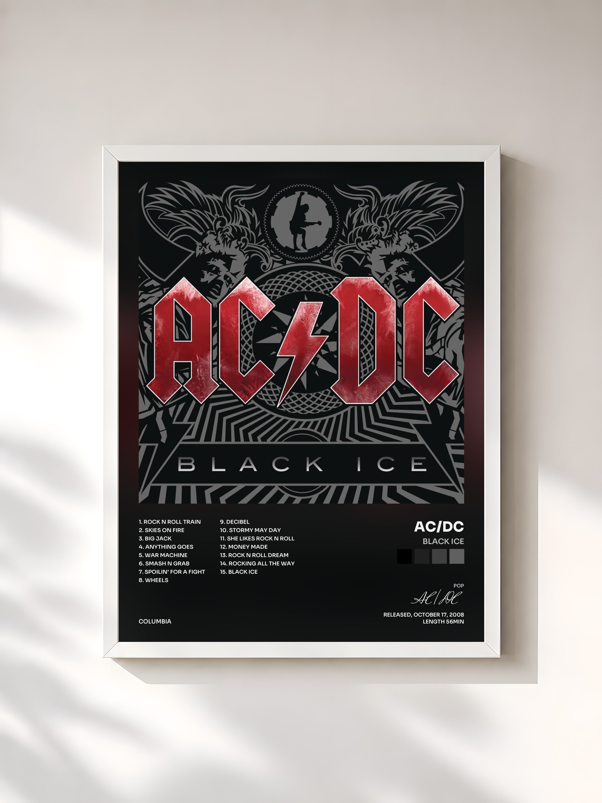 #blanc Tableau de l'album Black Ice de AC/DC, cadre blanc, imprimé et encadré en France